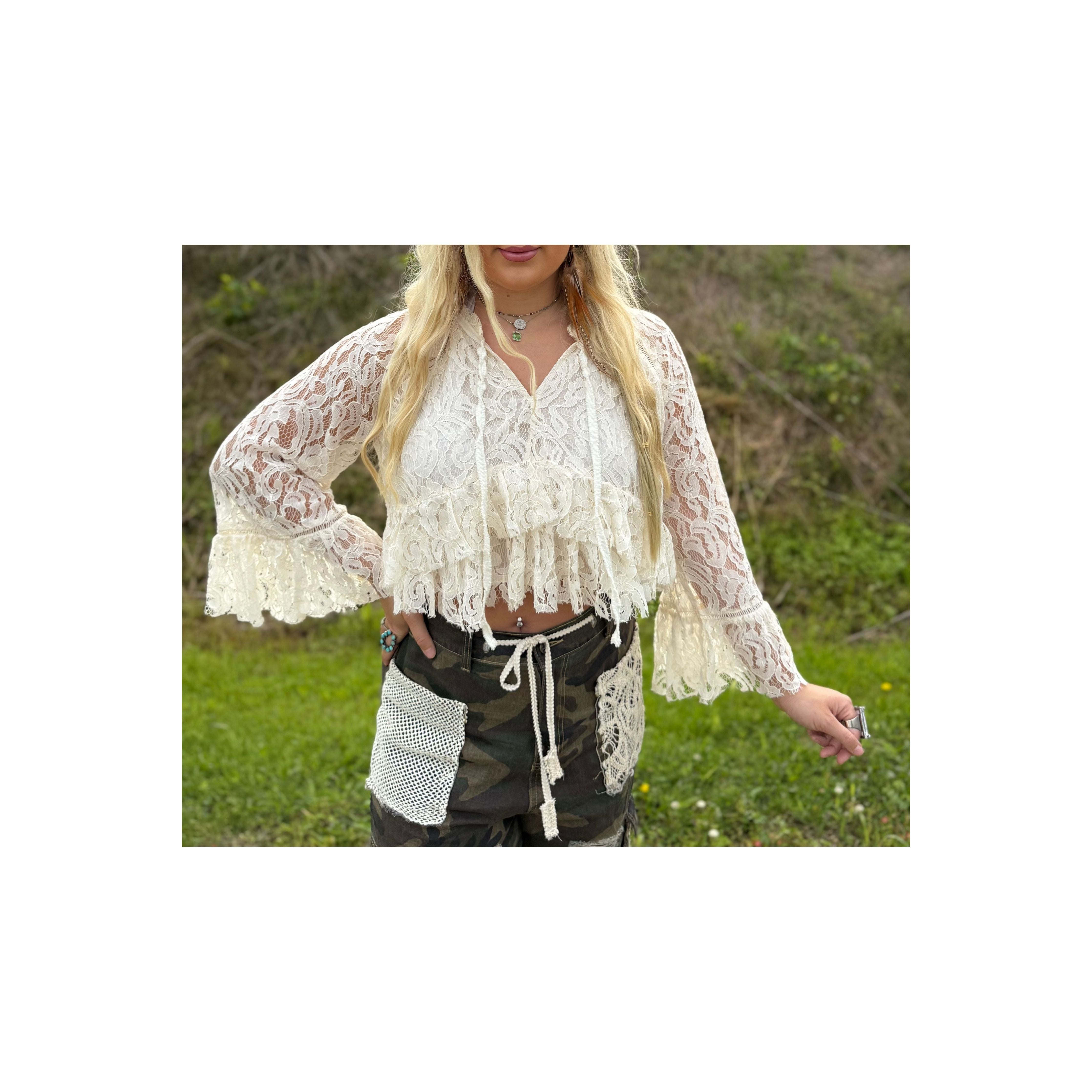 Dixie White Lace Bell-sleeve Top