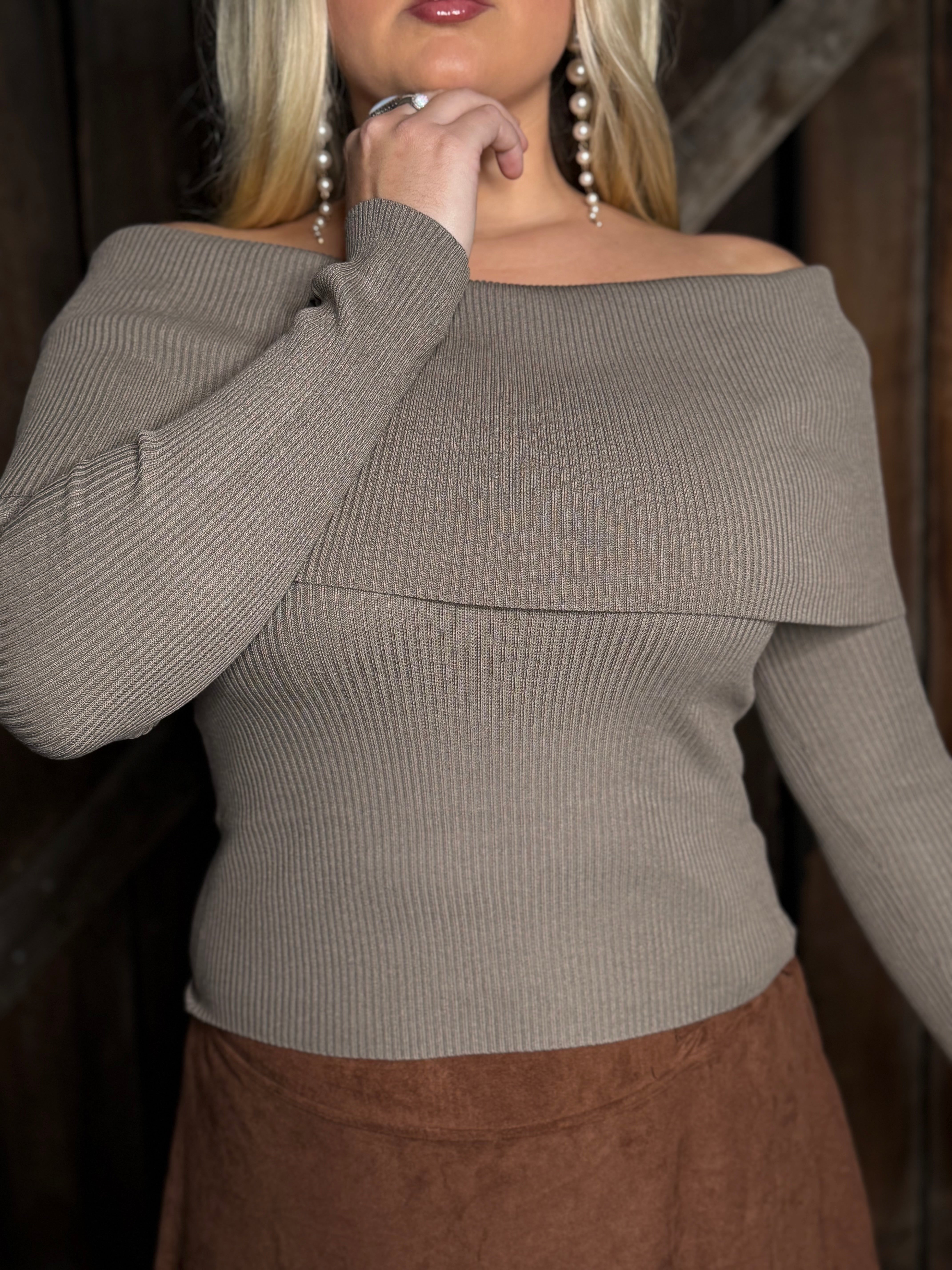 Mocha Off The Shoulder Ribbed Top