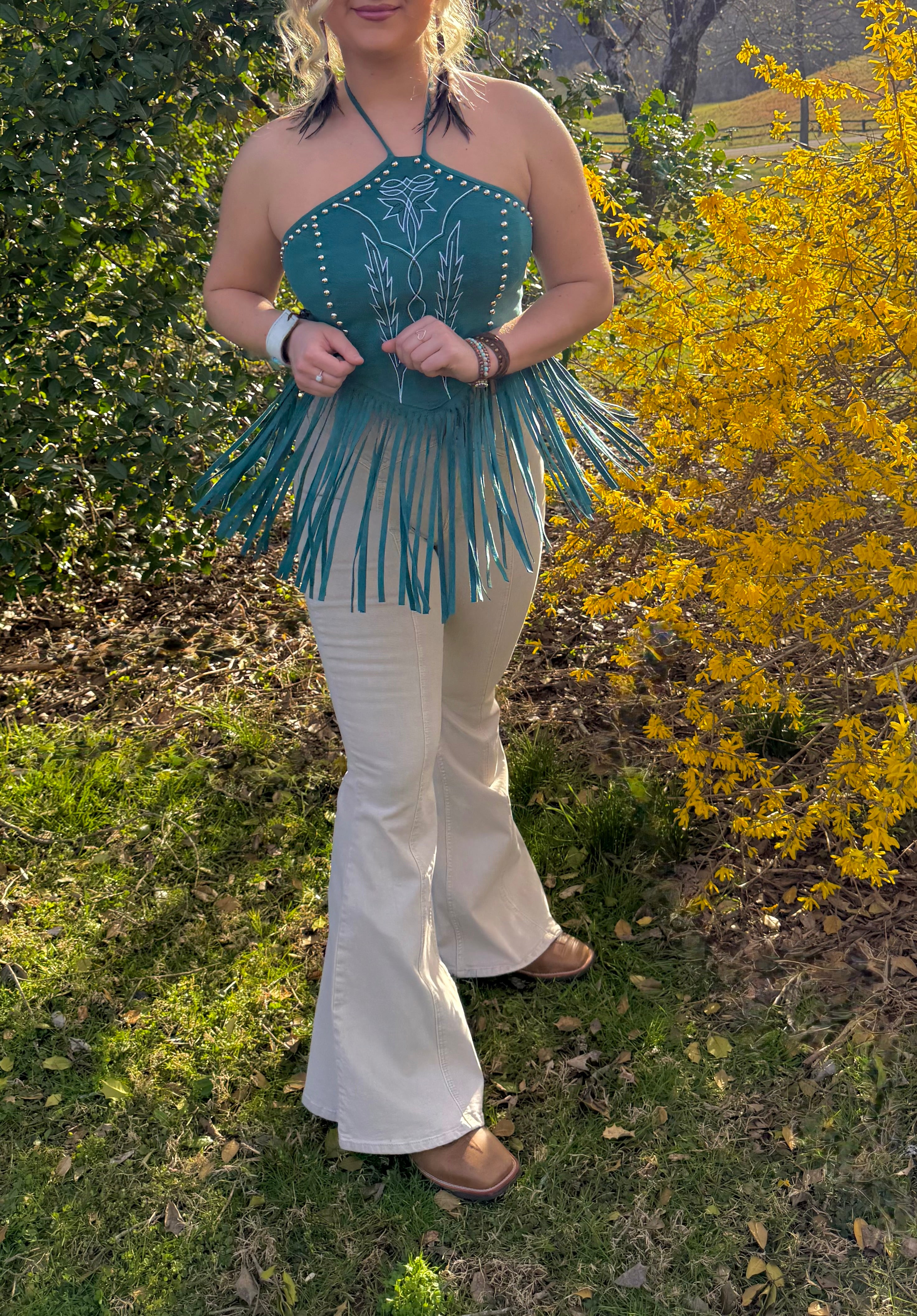 LUCKY & BLESSED Fringe Suede Halter Top