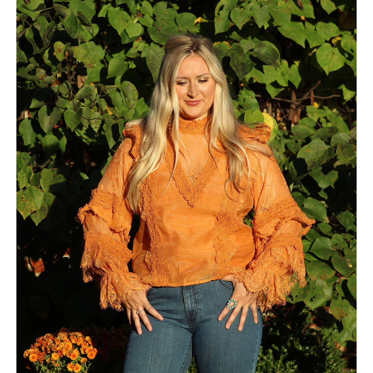 Burnt Orange Lace High-Neck Ruffle Top