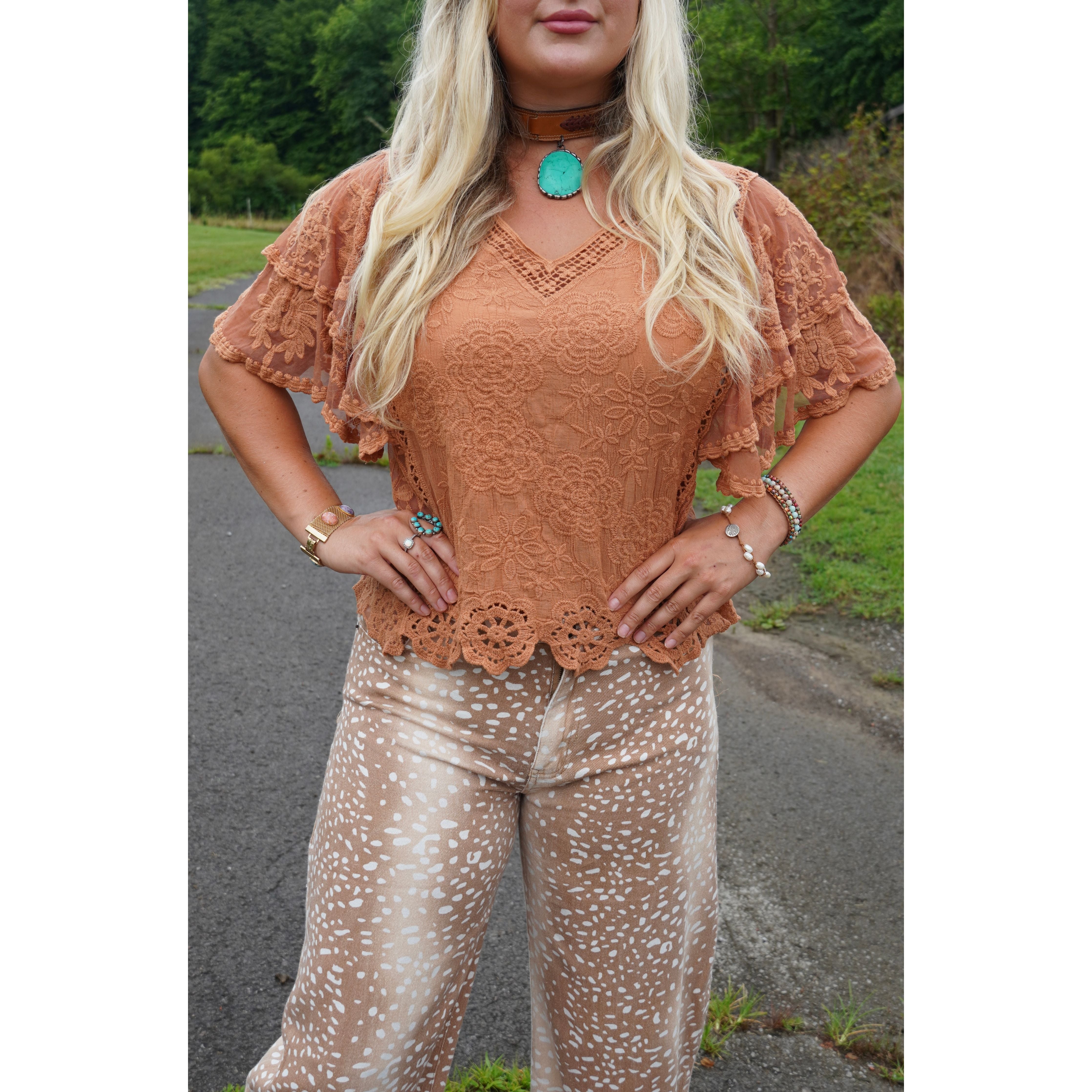 POL: Burnt Orange Lace Ruffled Sleeve Top