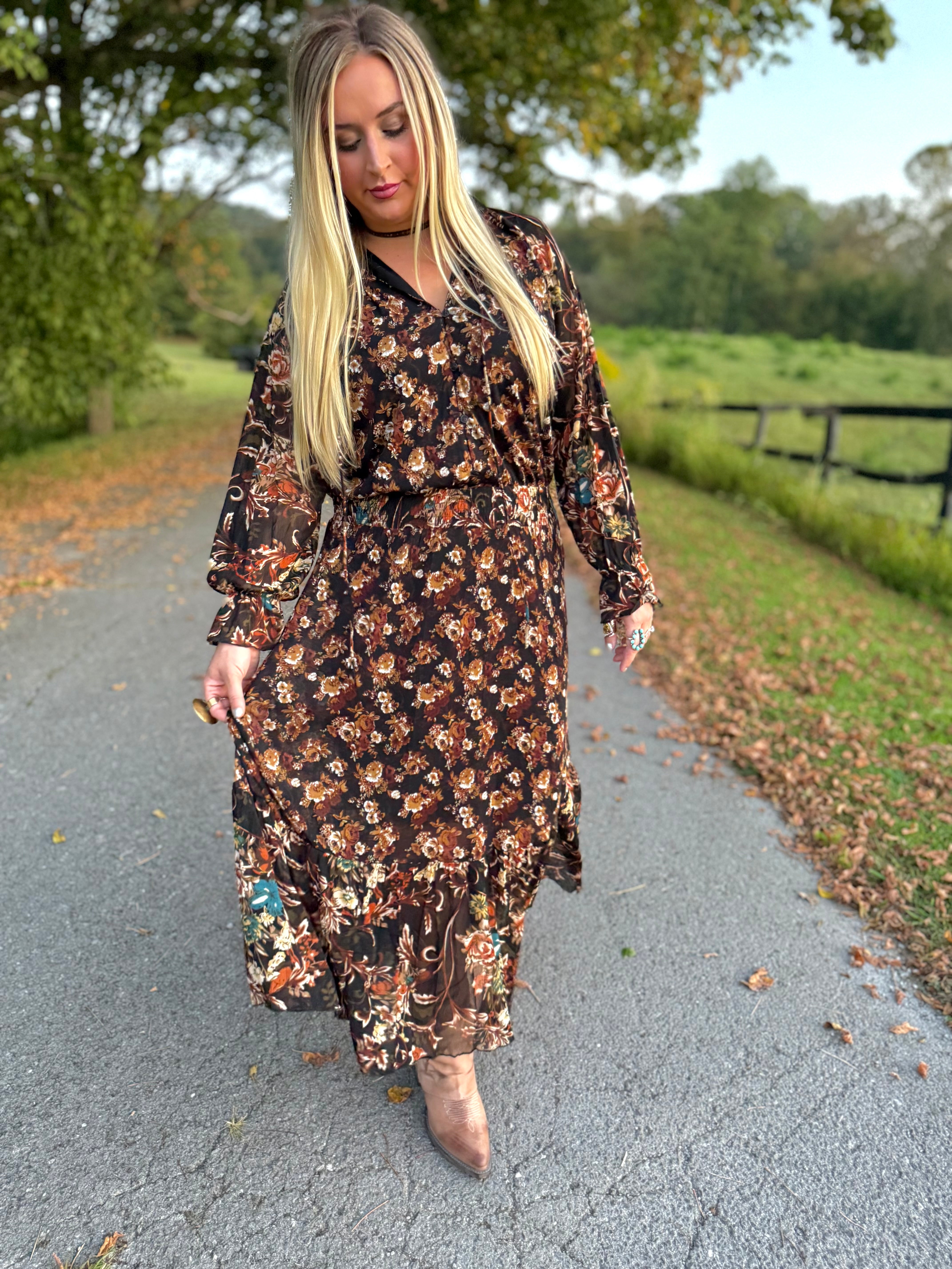 Black Floral Ruffle Maxi Dress