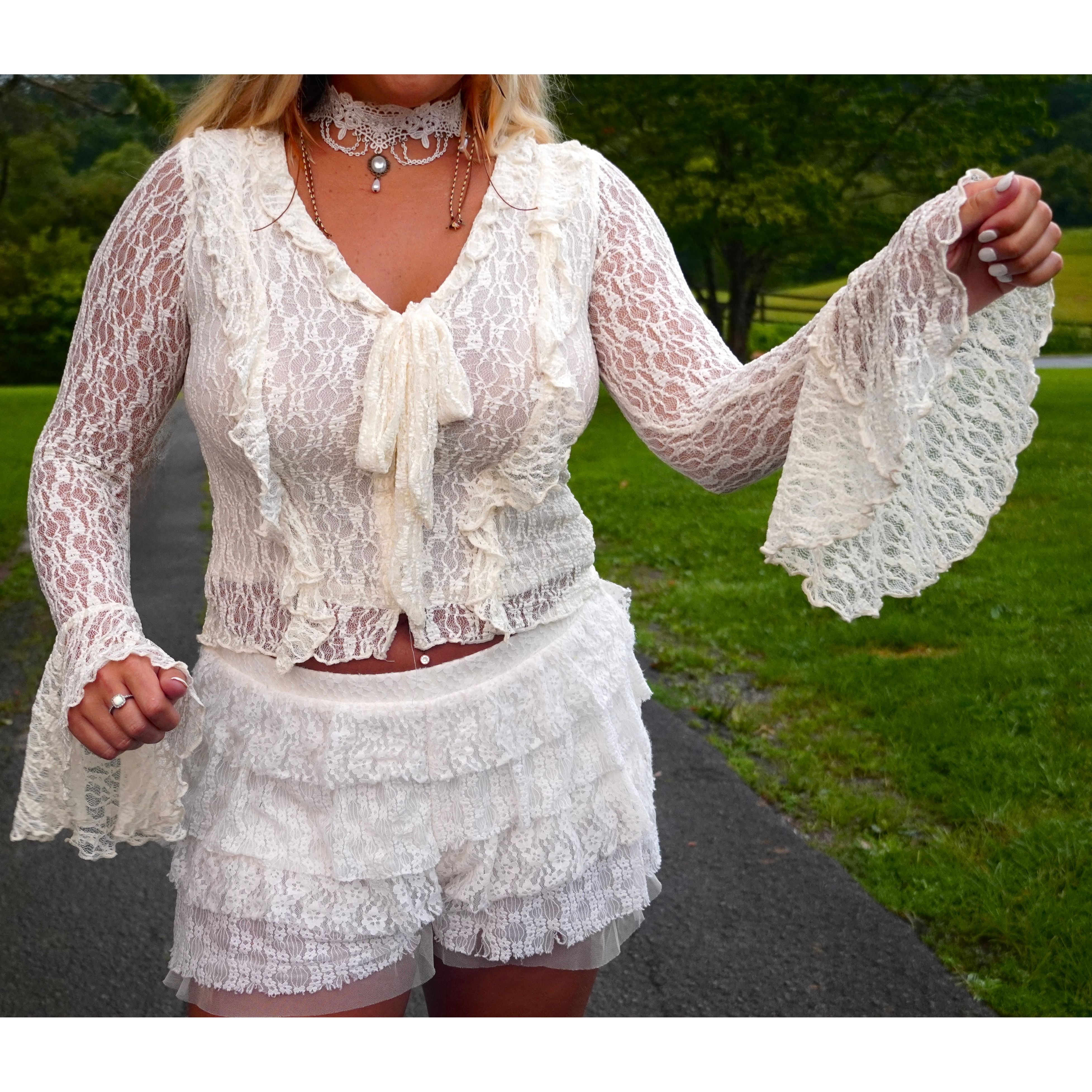 Lace Ruffled Tie- Front Bell-Sleeve Top