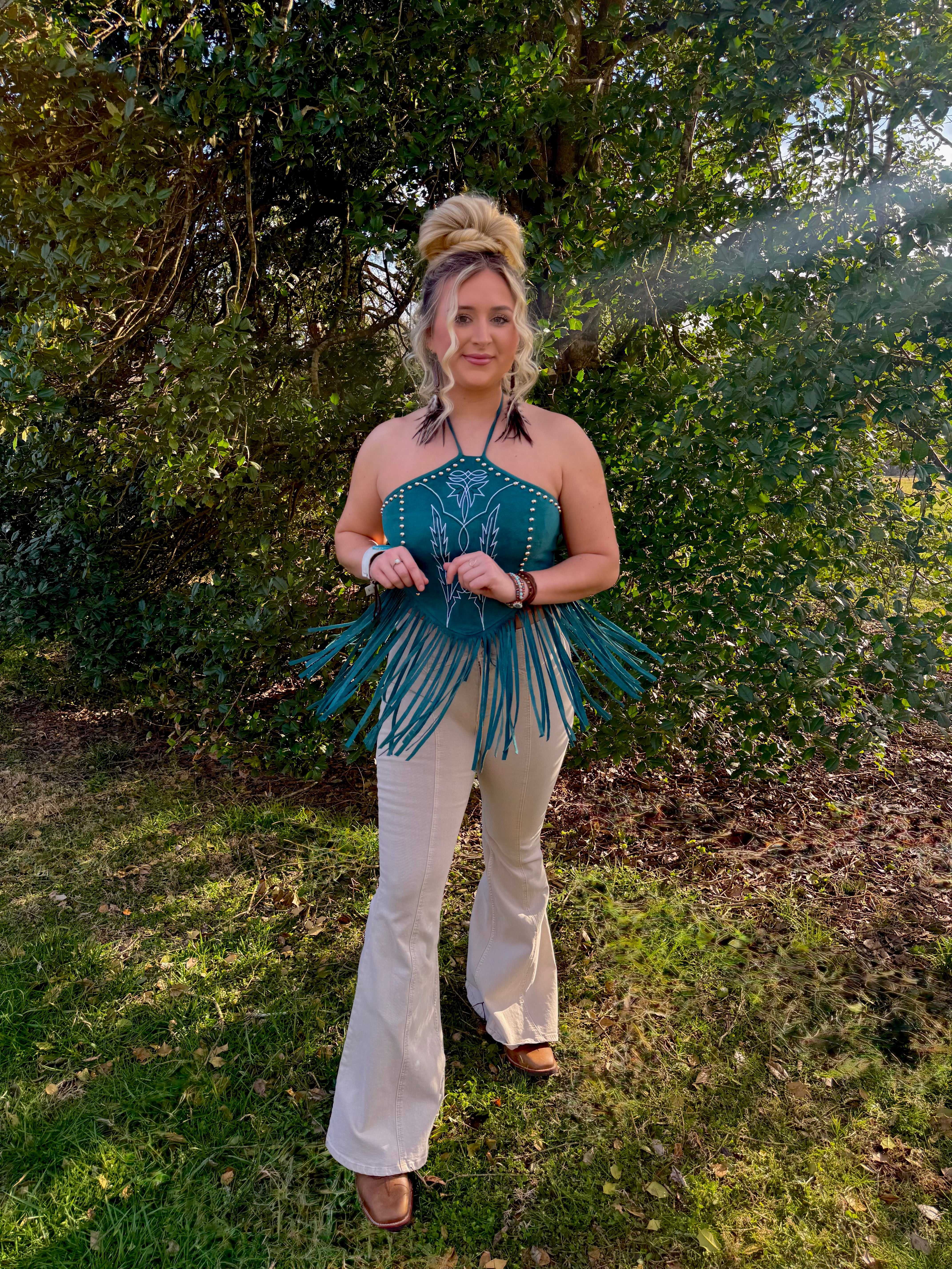 LUCKY & BLESSED Fringe Suede Halter Top