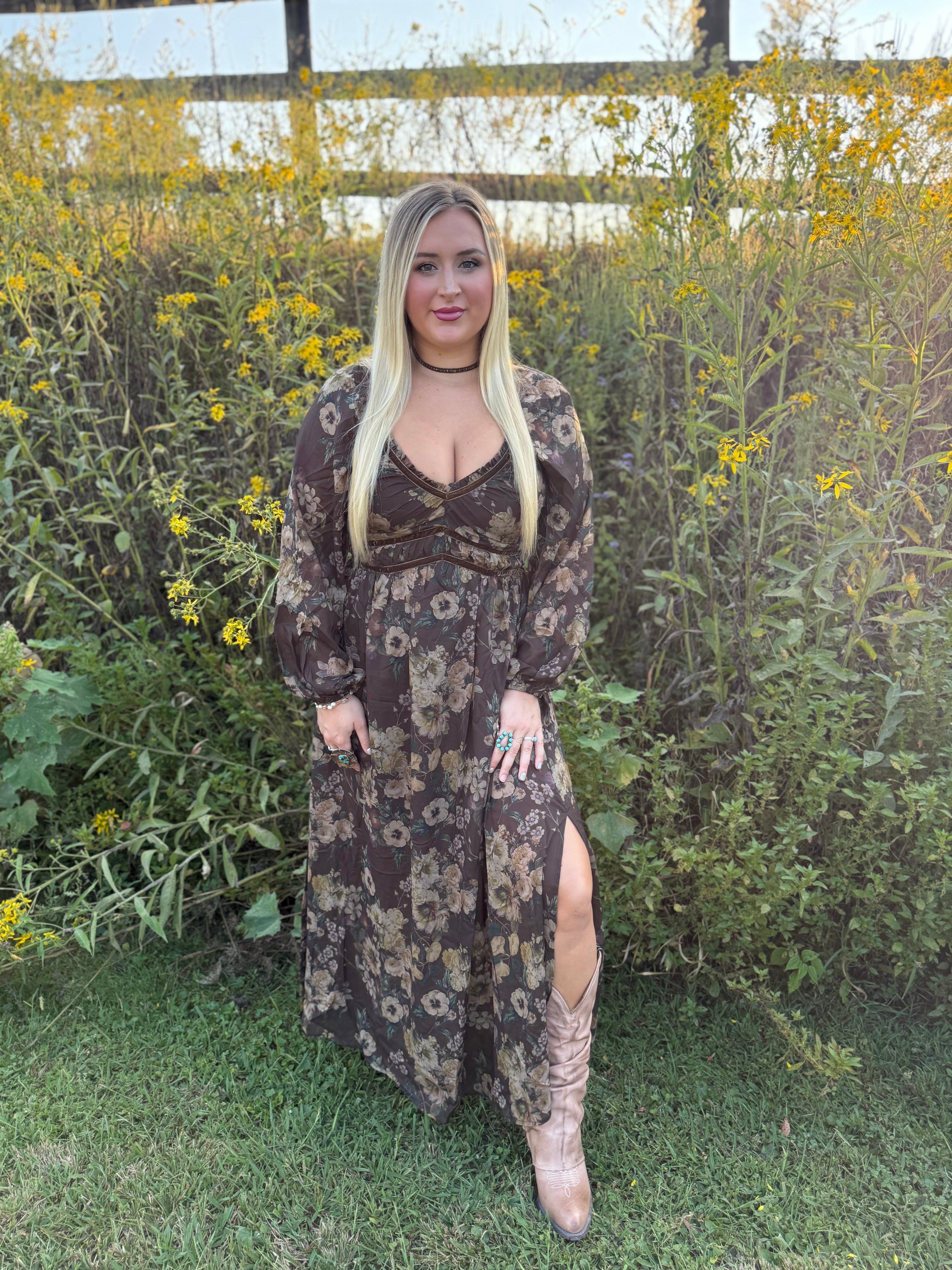 Floral Print Velvet Trimmed Maxi Dress with Slit