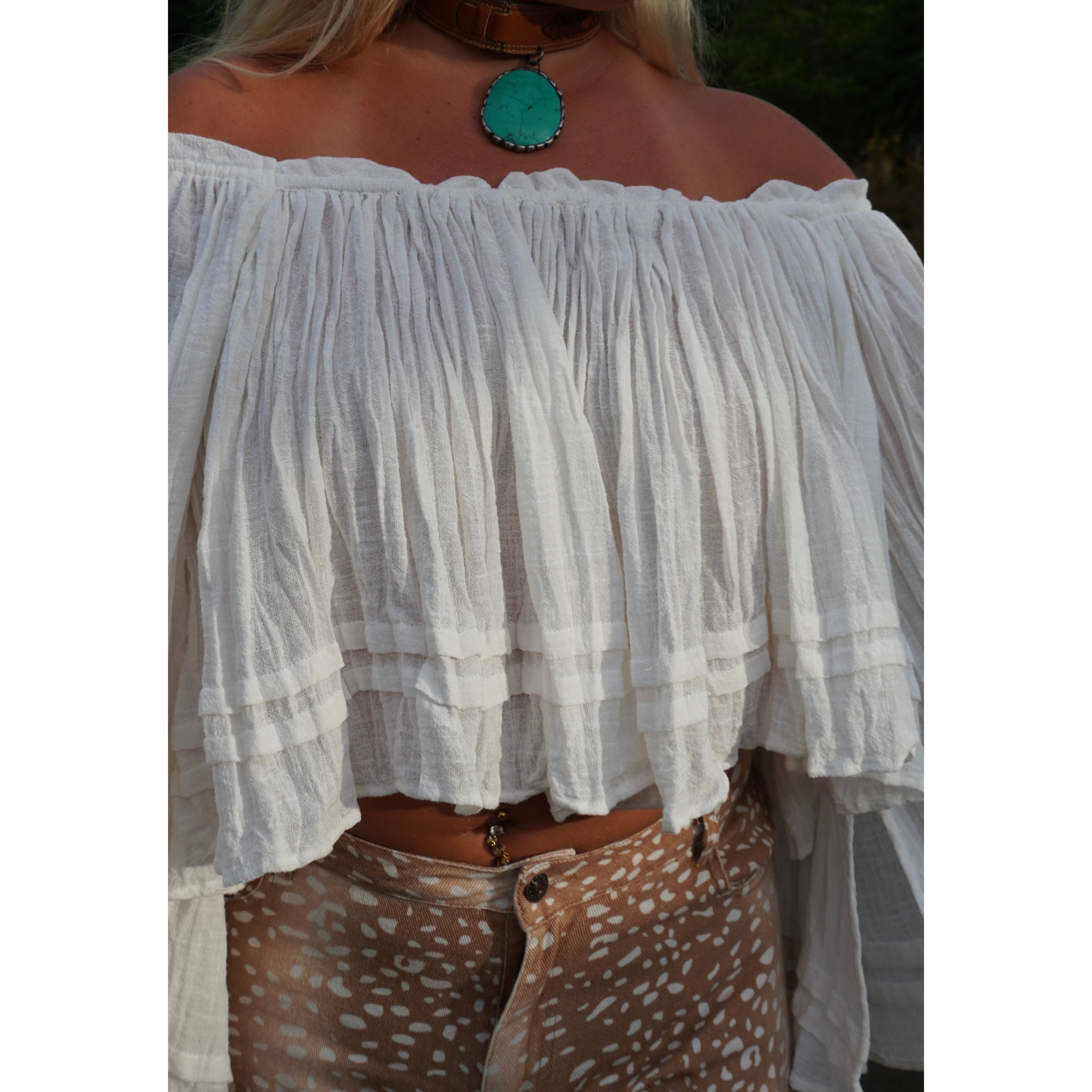 White Cotton Off Shoulder Angel-Sleeve Top