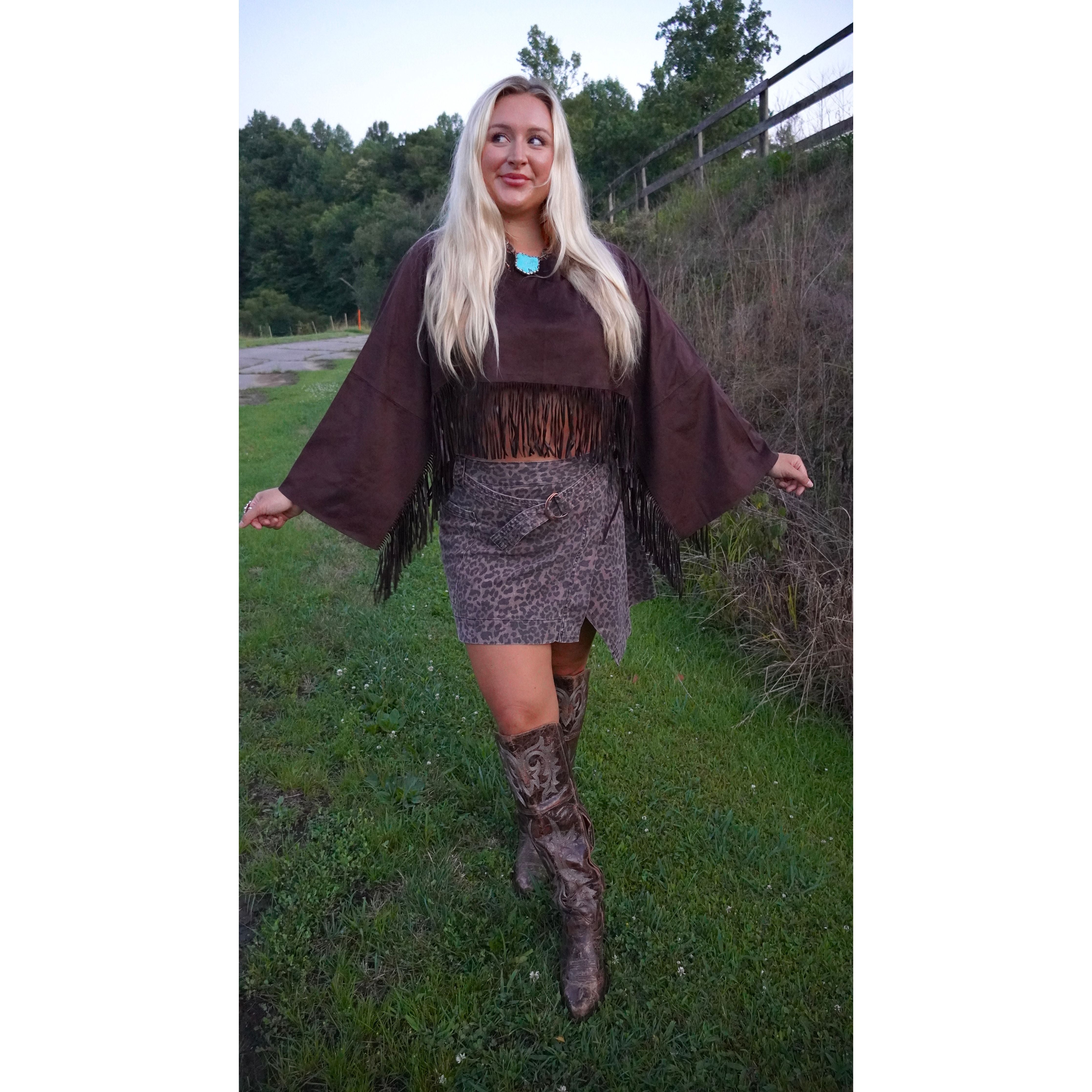 Chocolate Faux Suede Flowy Fringe Poncho