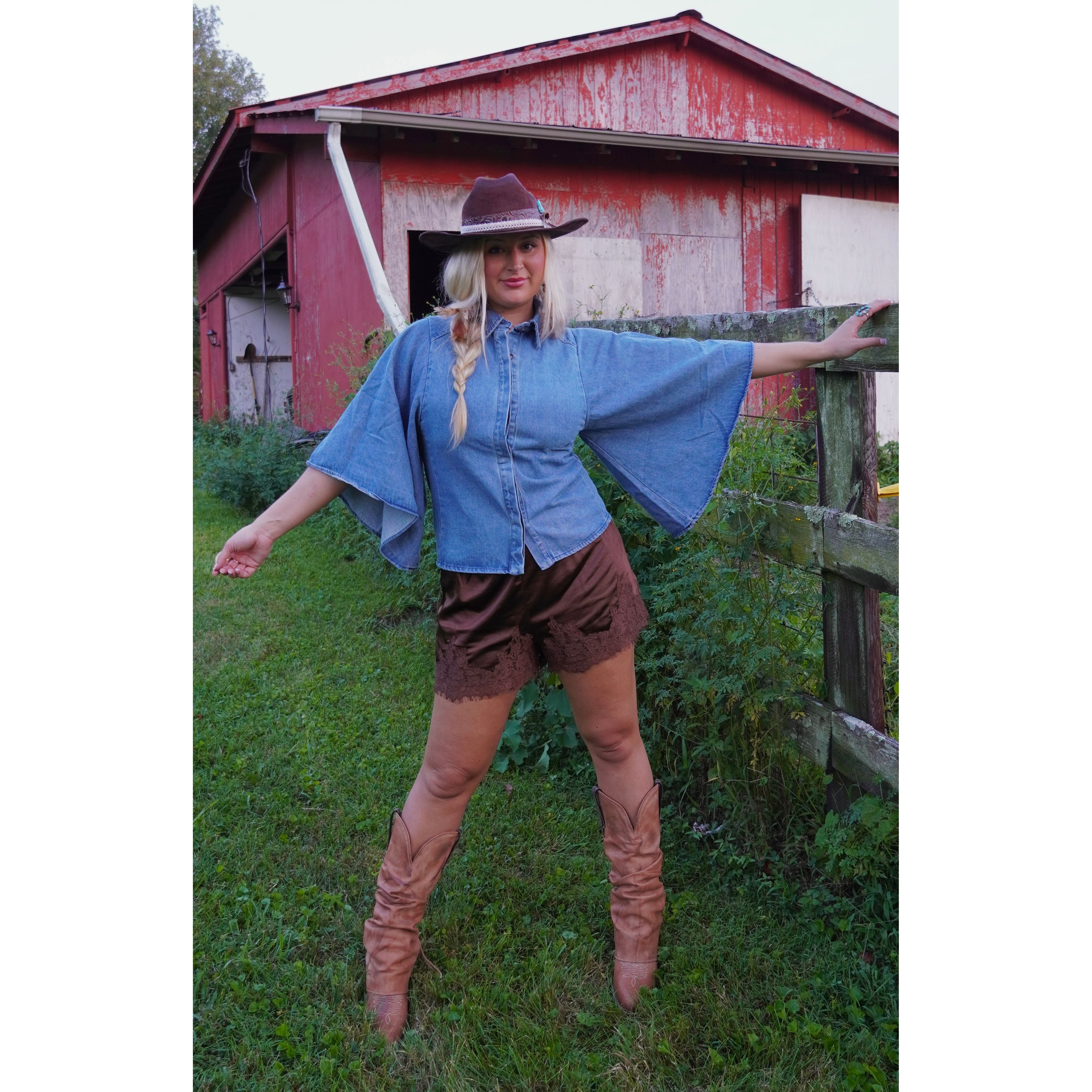 Trumpet Sleeve Denim Top