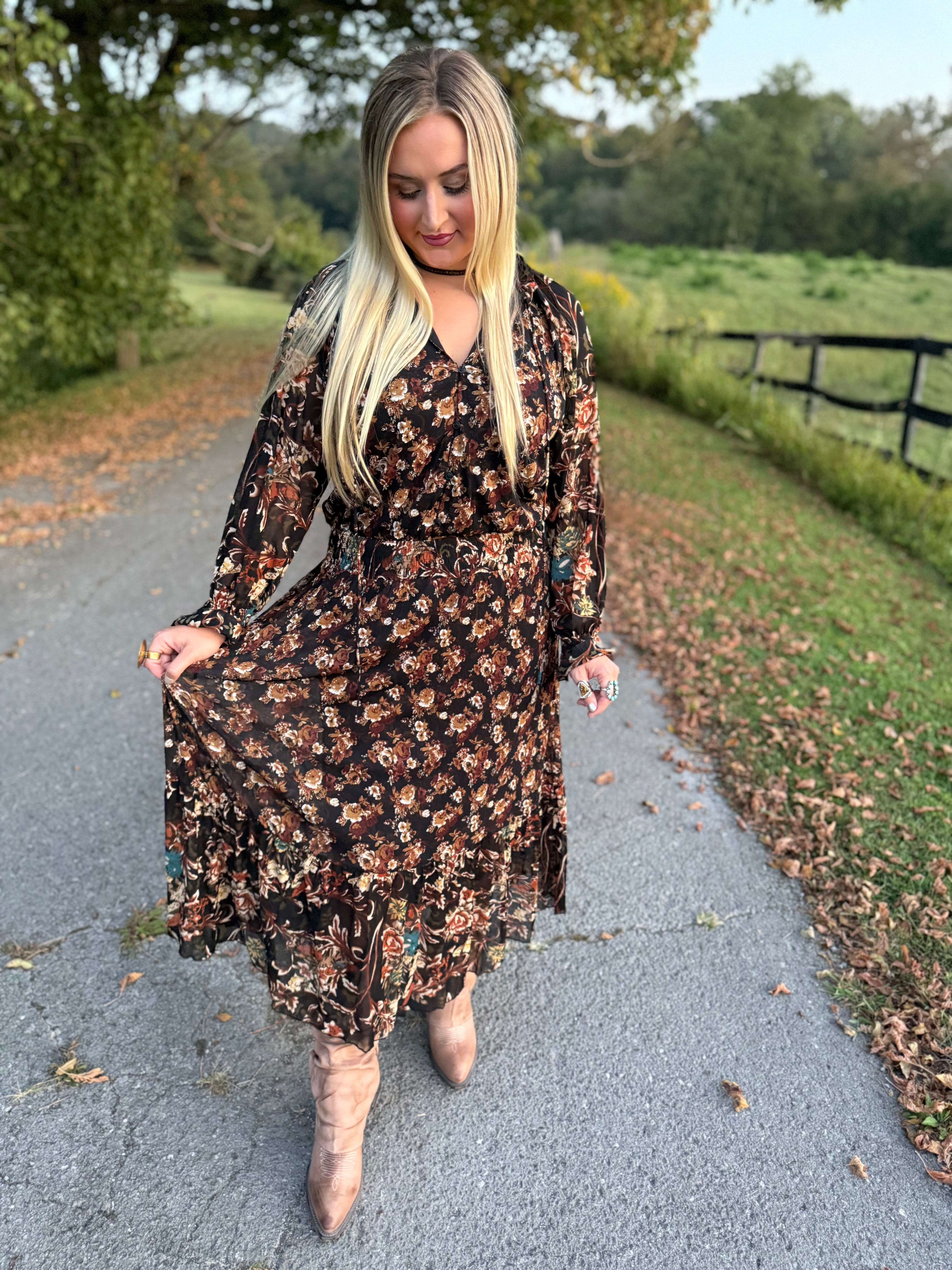 Black Floral Ruffle Maxi Dress