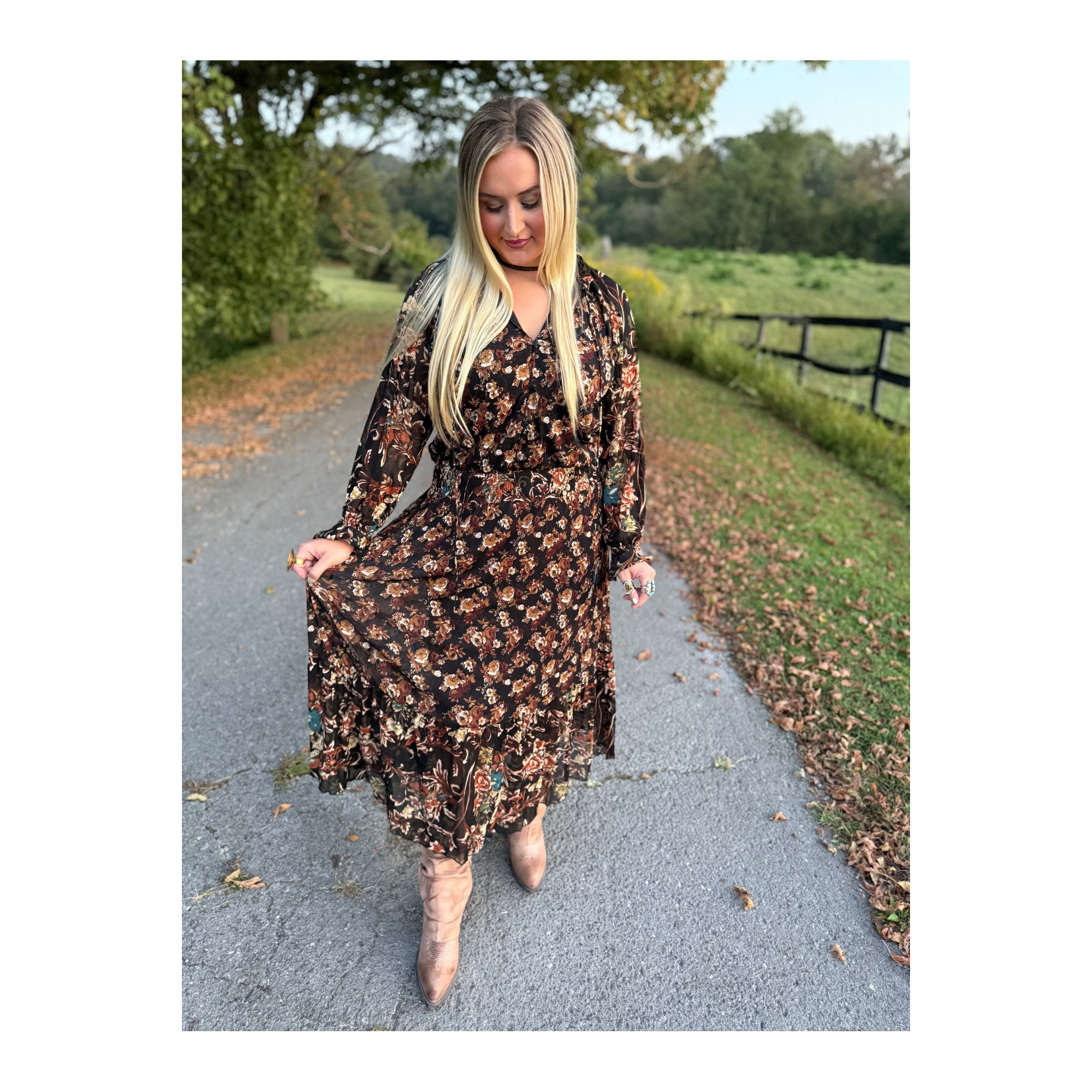 Black Floral Ruffle Maxi Dress