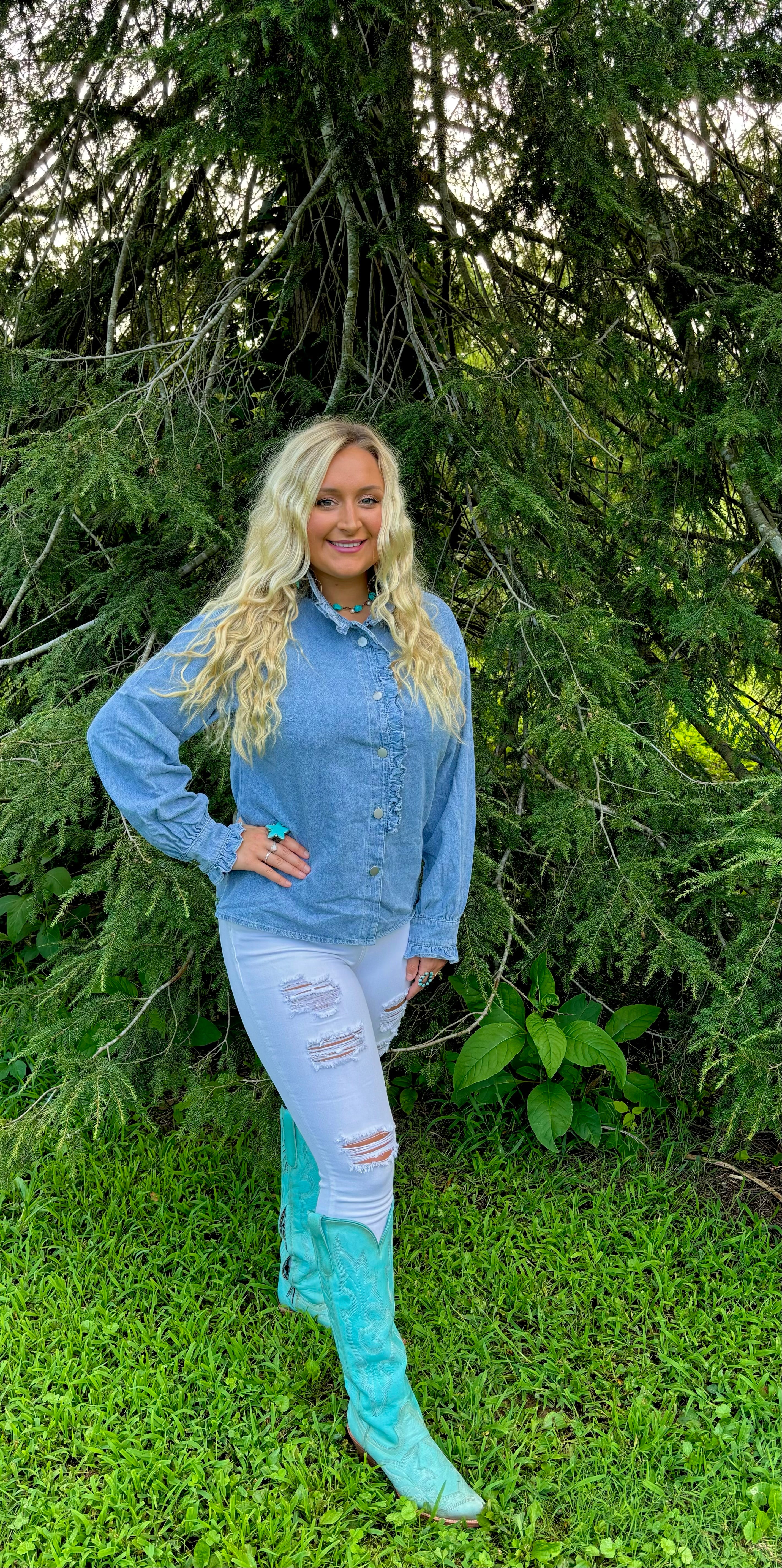 The Ella Ruffled Long Sleeve Denim Top