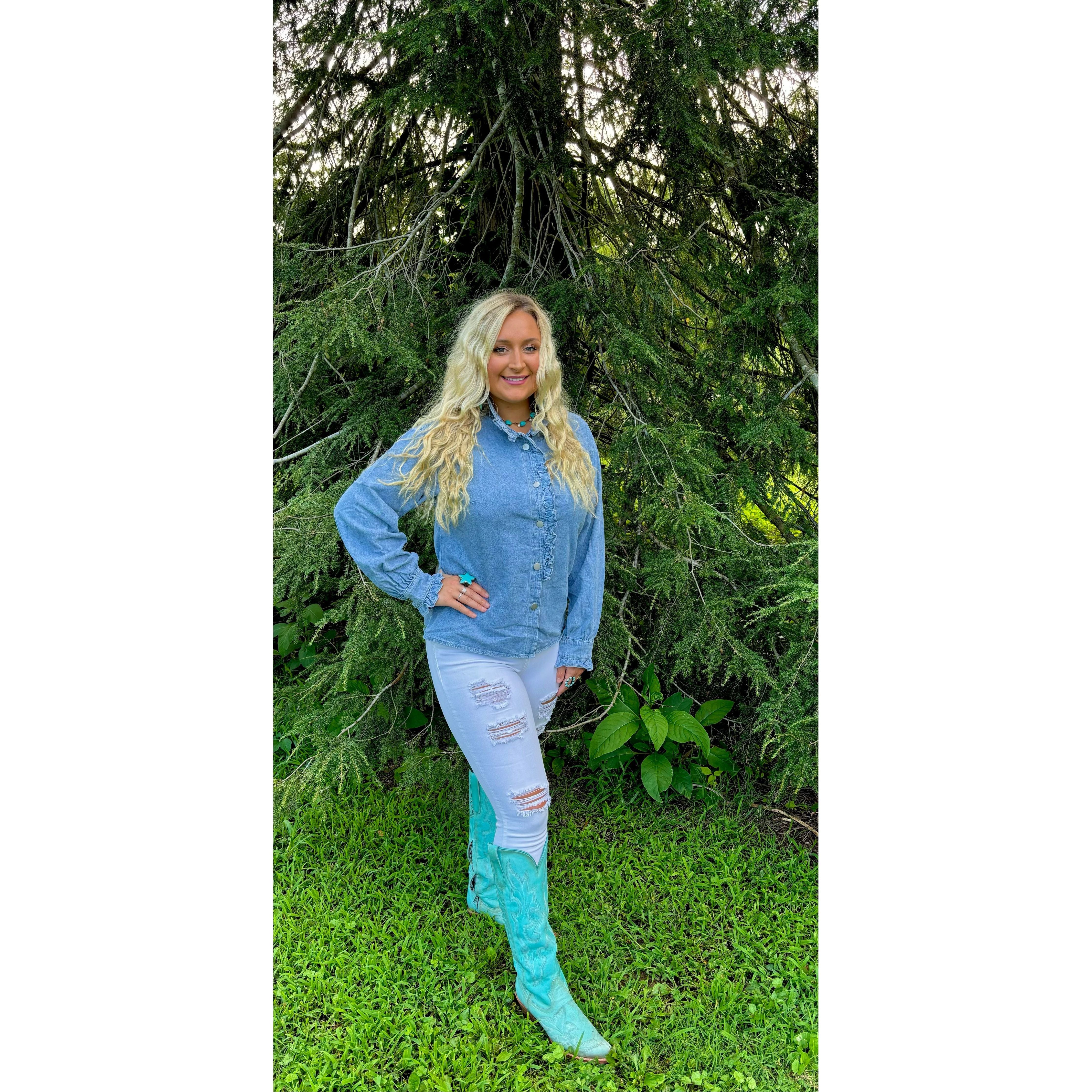 The Ella Ruffled Long Sleeve Denim Top