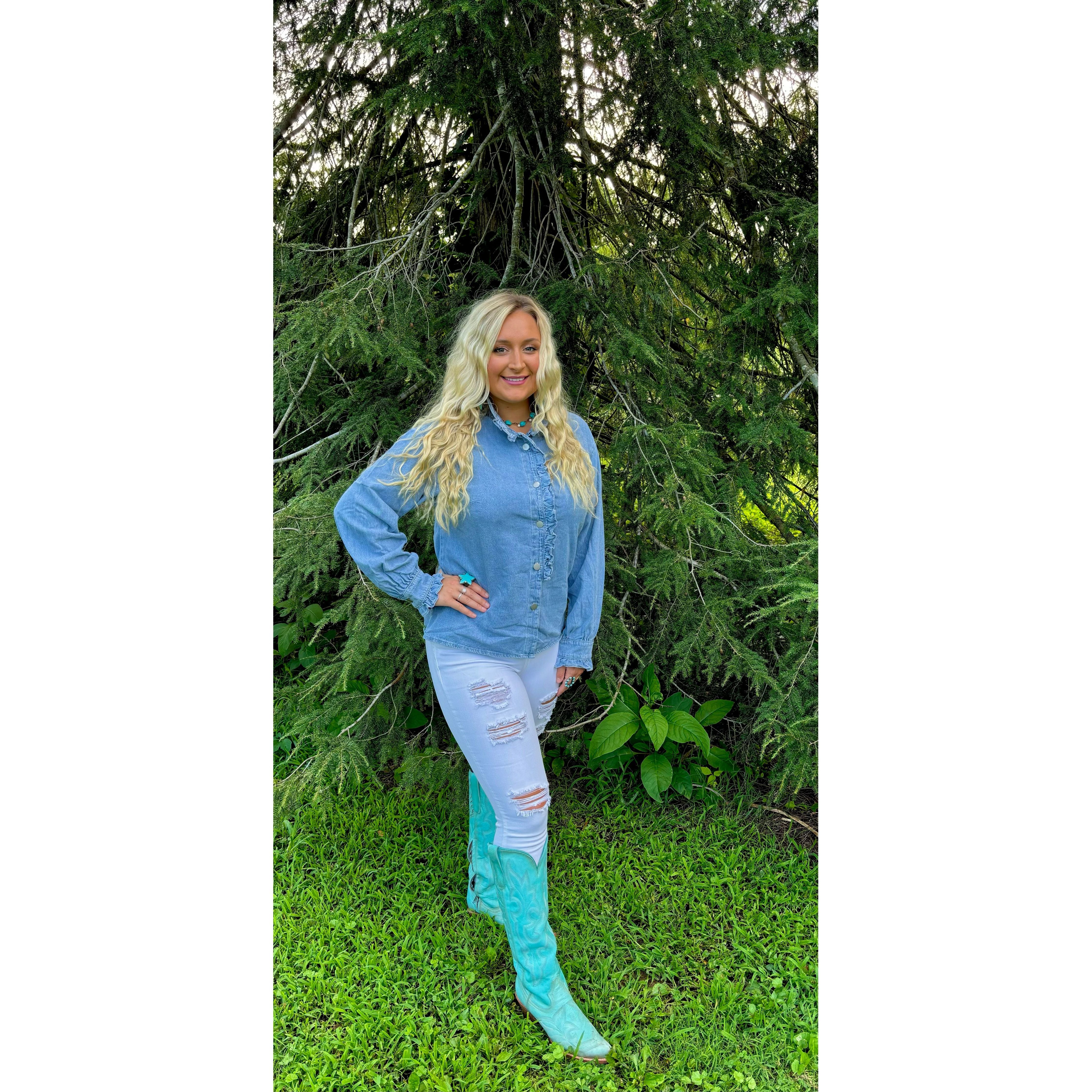 The Ella Ruffled Long Sleeve Denim Top