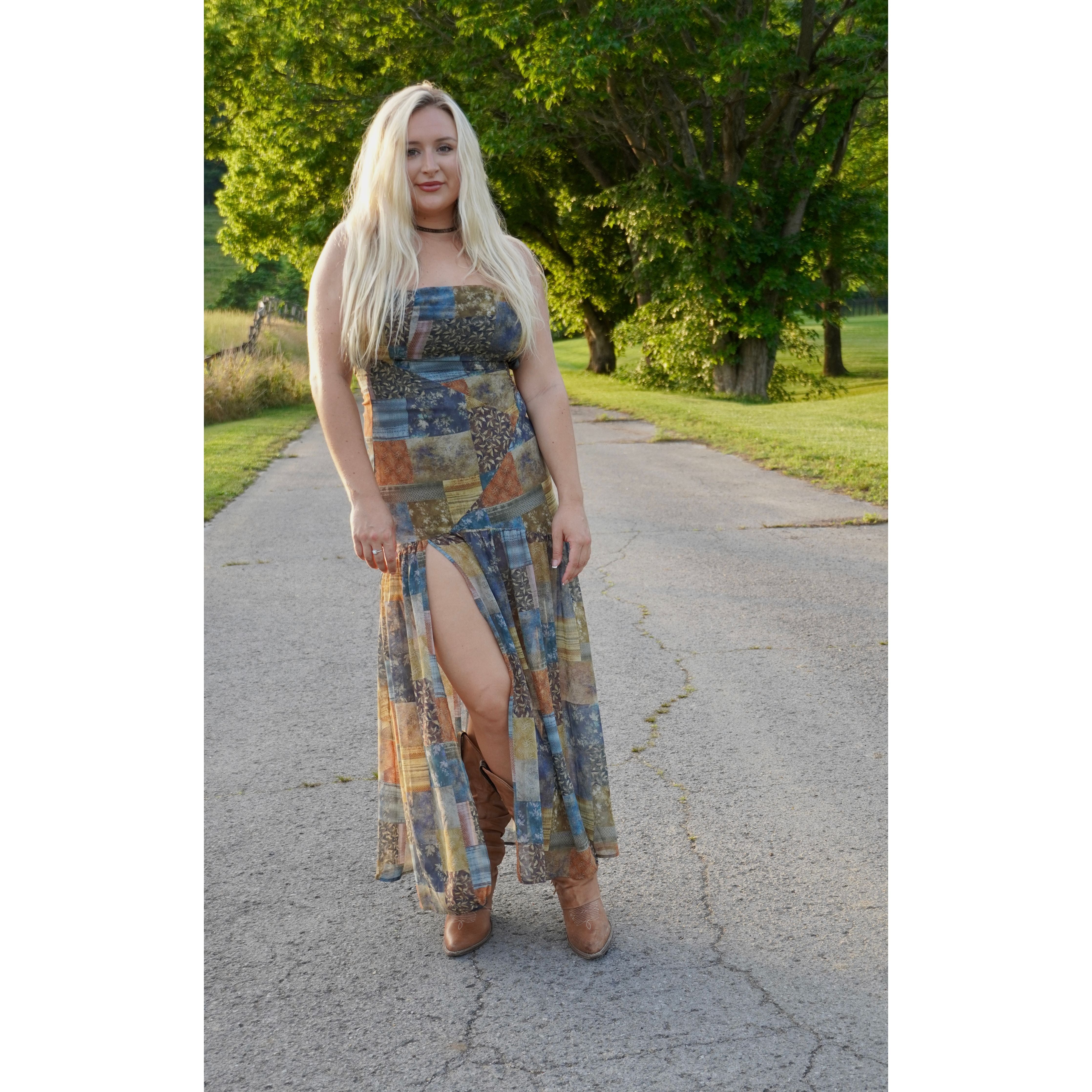 Strapless Patchwork Maxi Dress