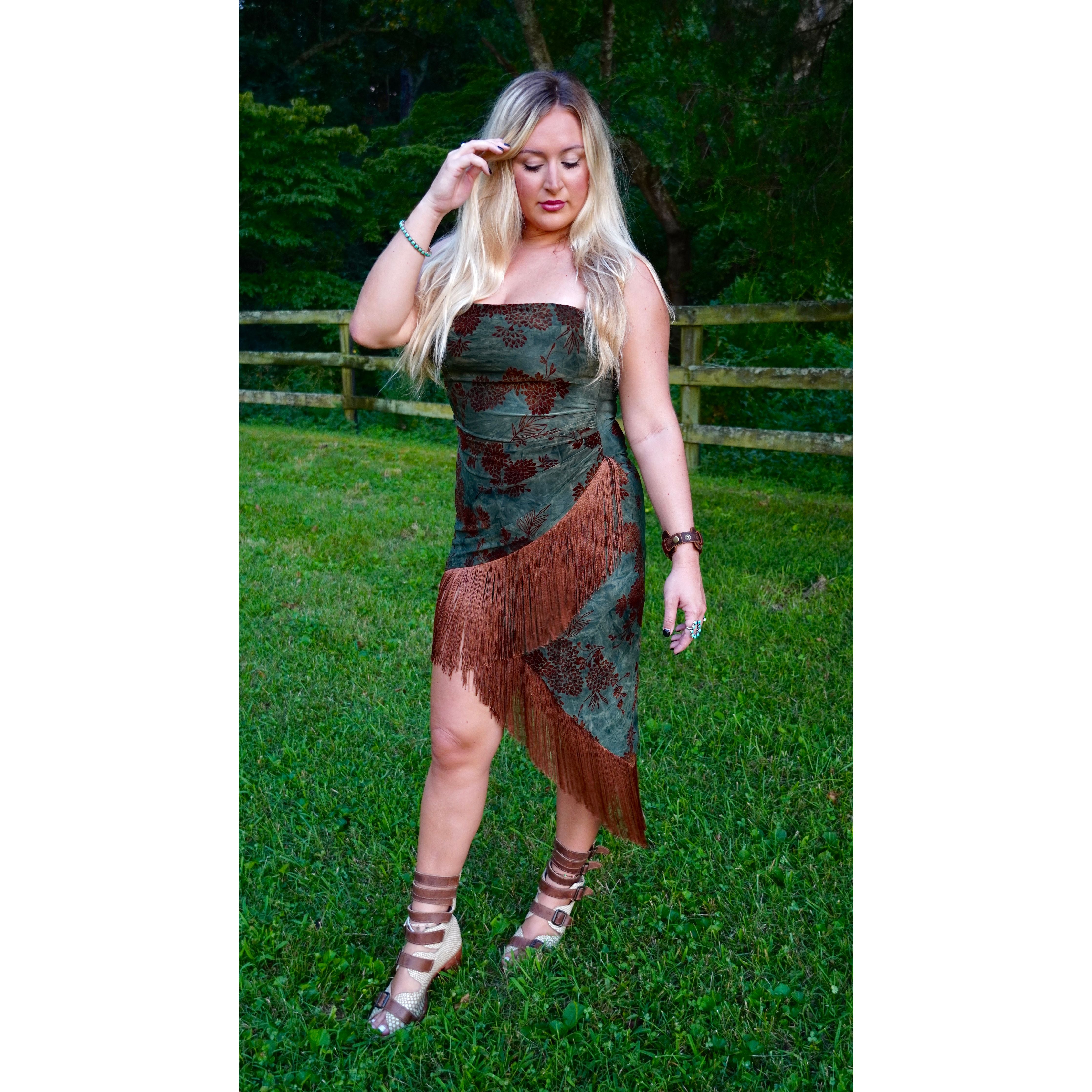 Strapless Asymmetrical Green Floral Velvet Fringe Dress