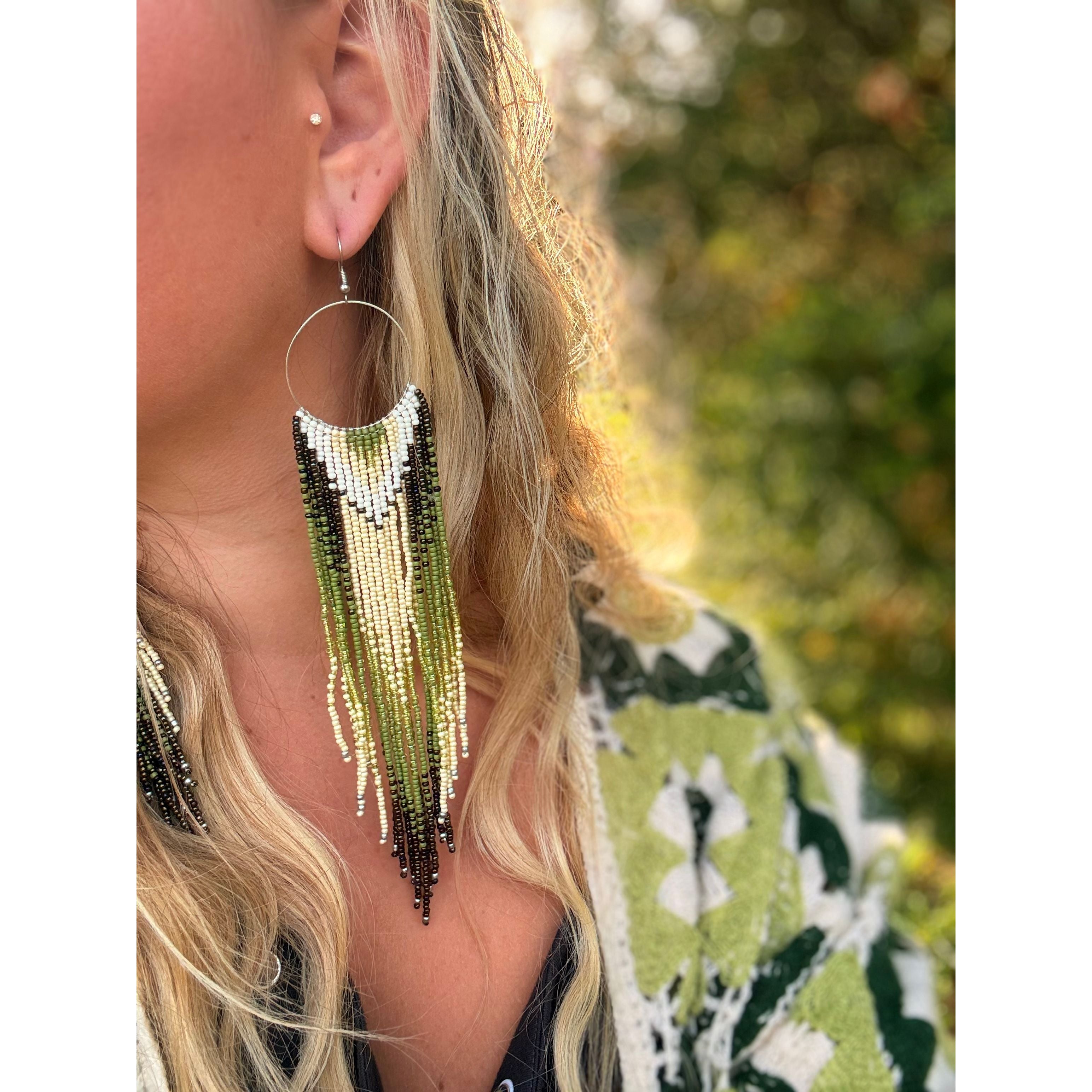 Green White Beaded Earrings