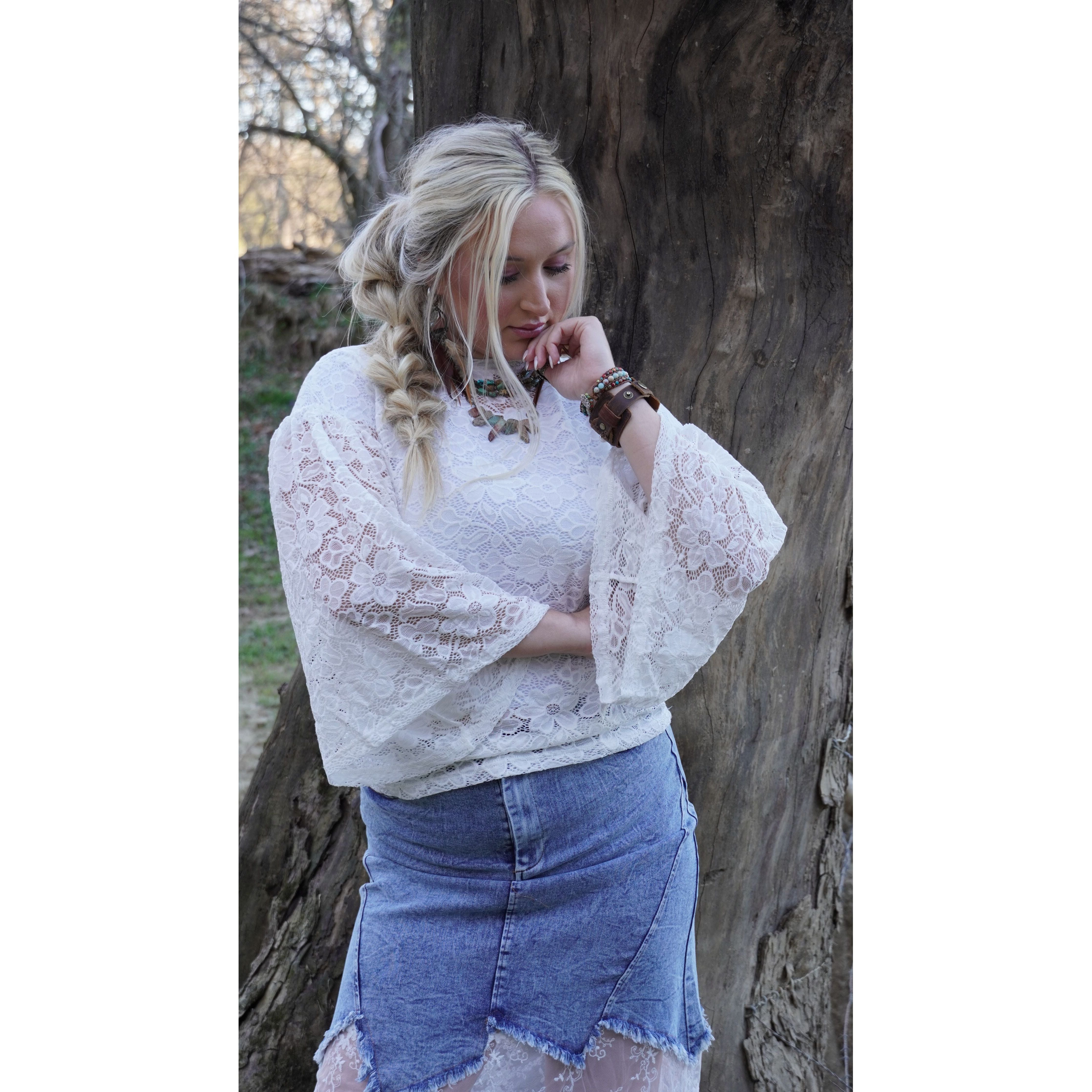 White Lace Daisy Bell-sleeve Top