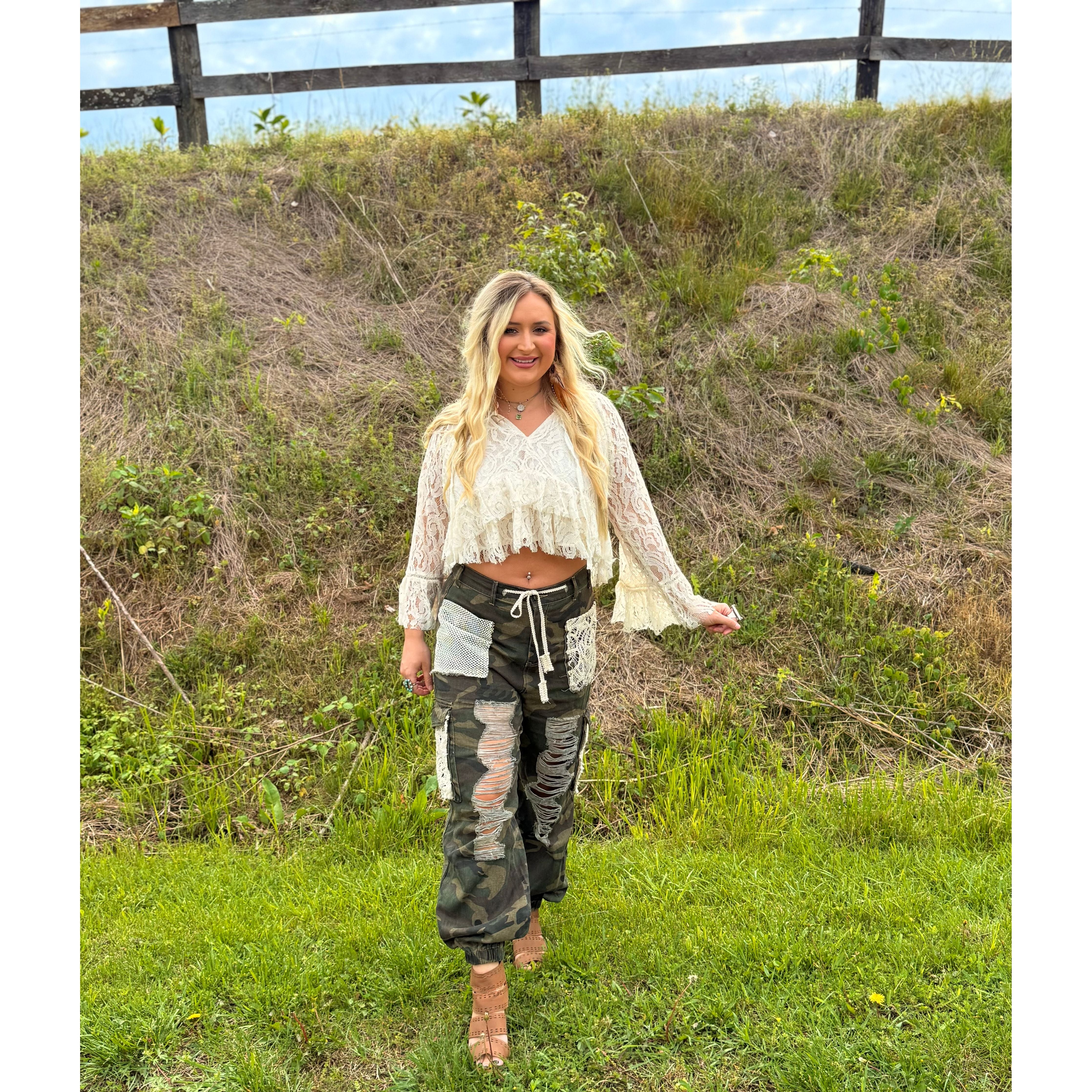 POL: Ripped Camo and Lace Joggers