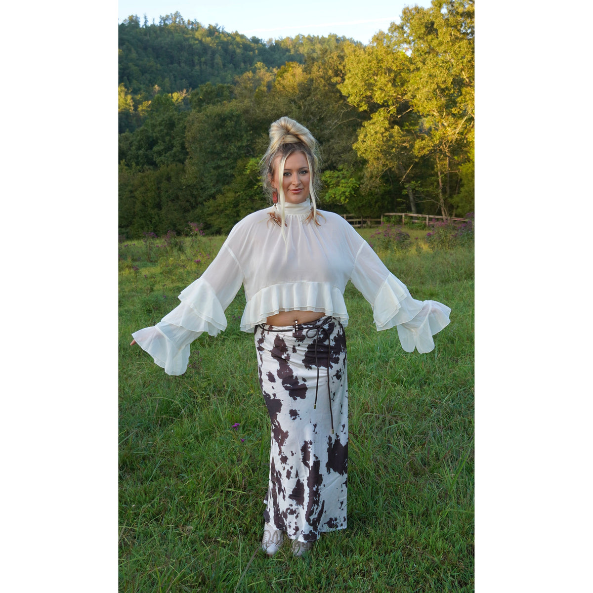 Off White Ruffled Sleeve Tie Neck Top