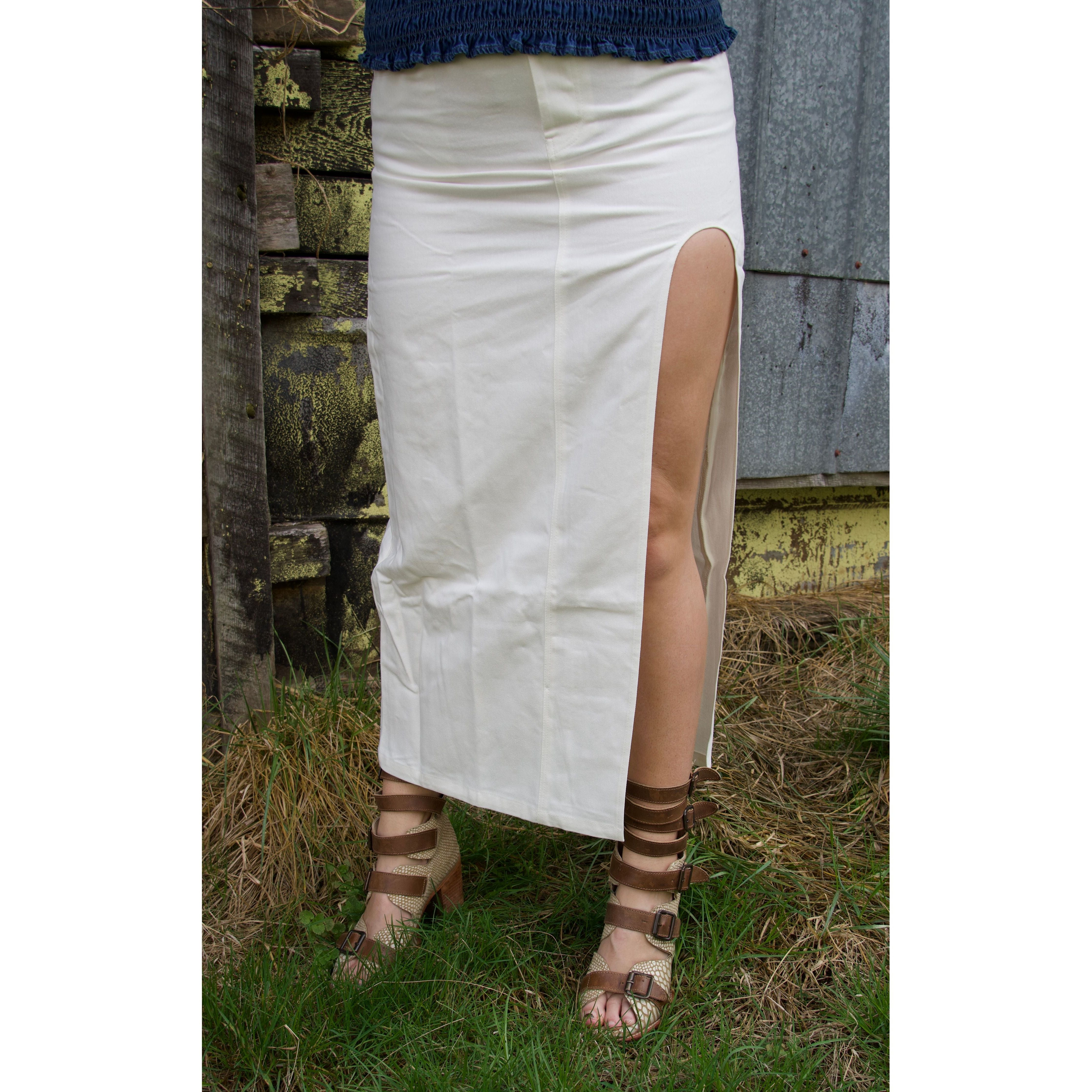 White Denim Skirt with Slit