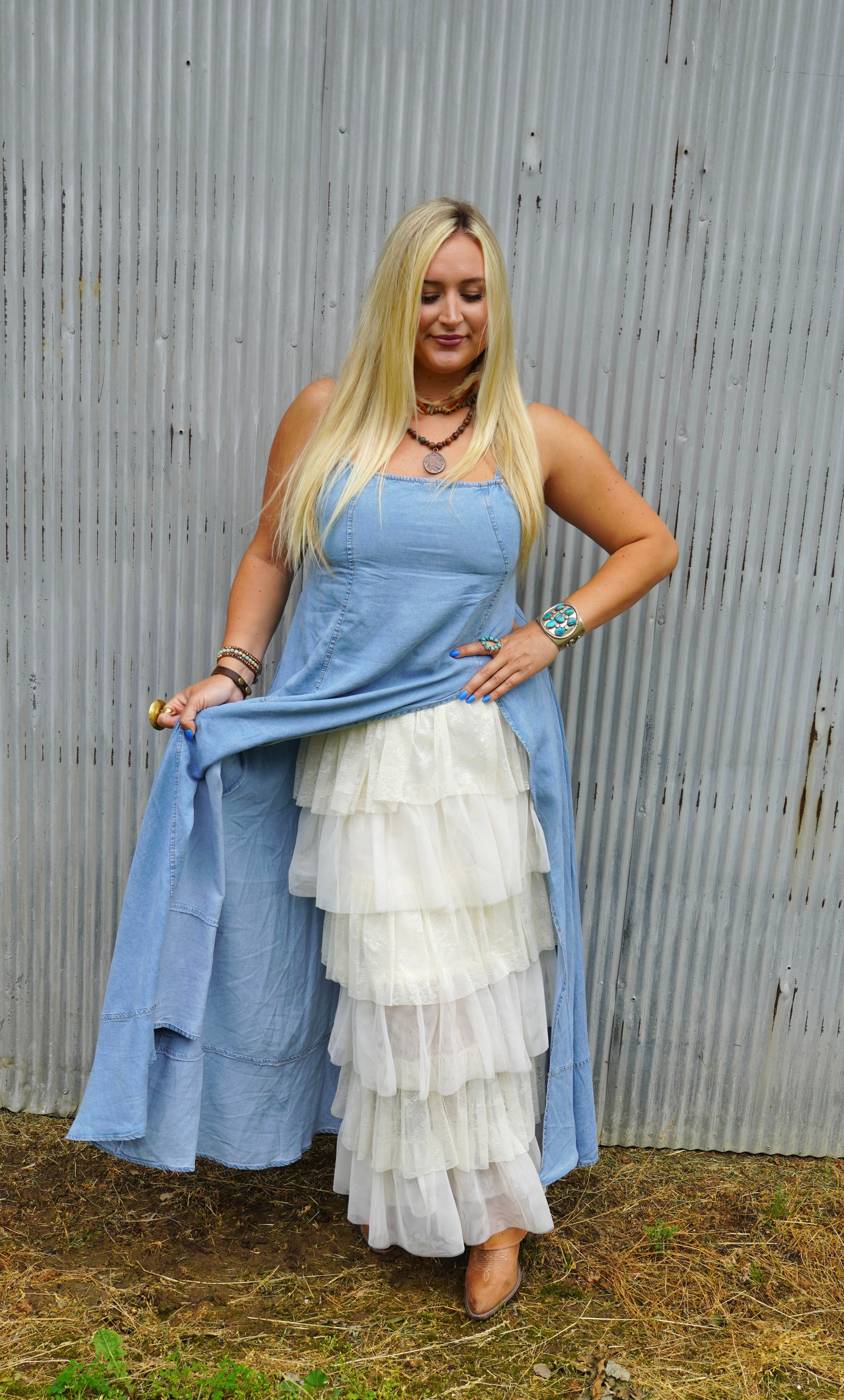 White Lace Ruffled Tiered Maxi Skirt