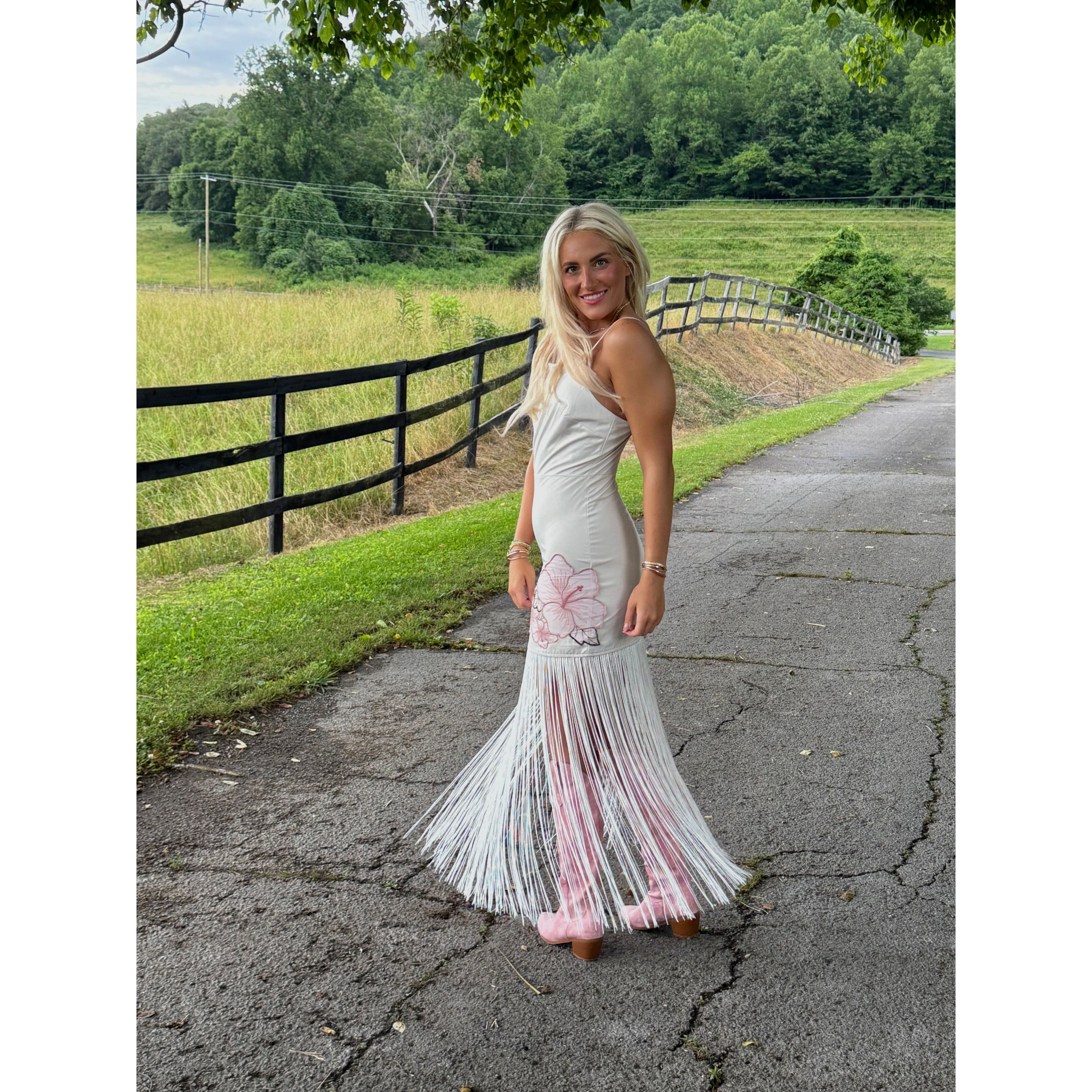 White Floral Fringe Maxi Dress