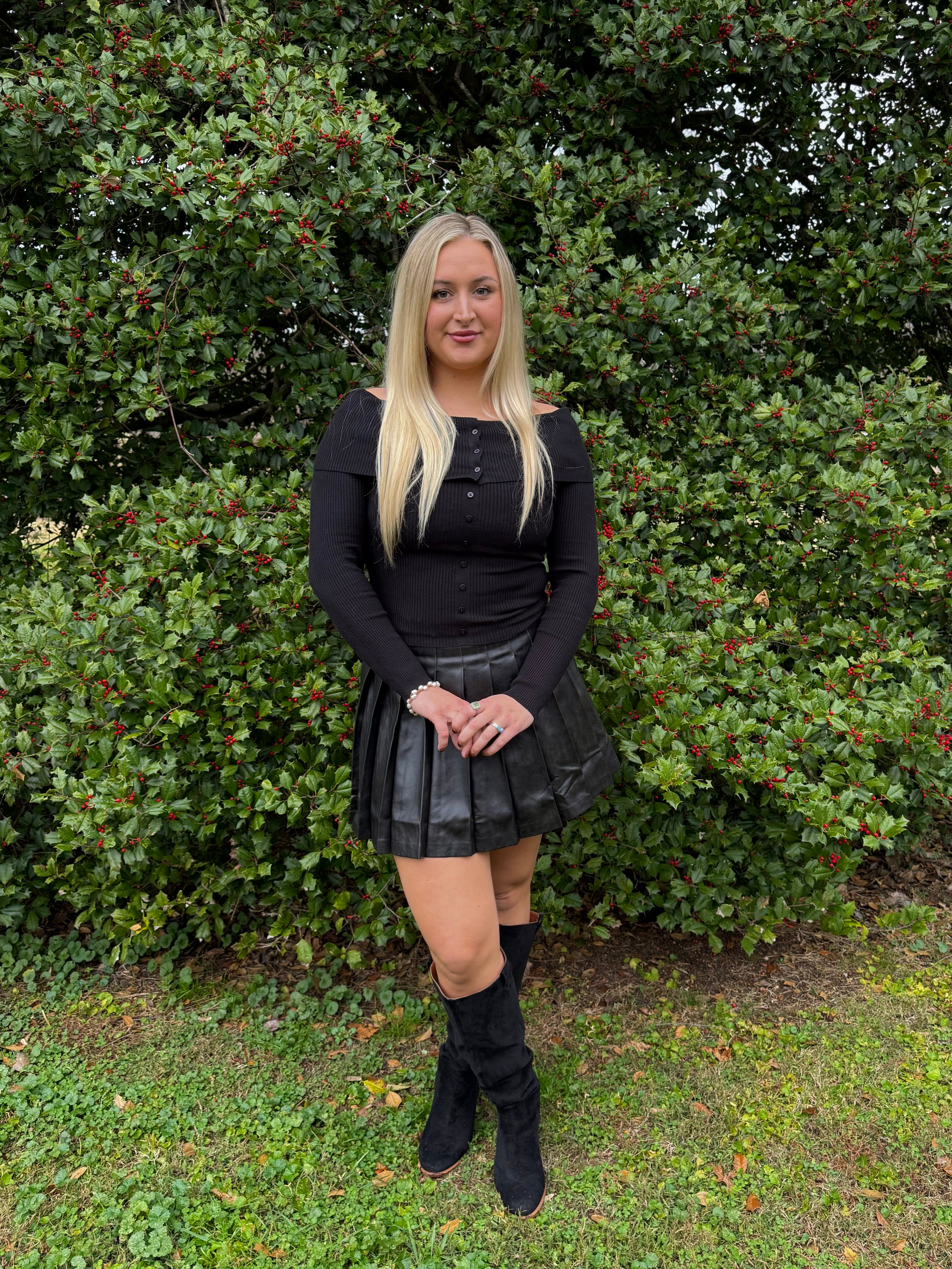 Off the Shoulder Button Front Black Top