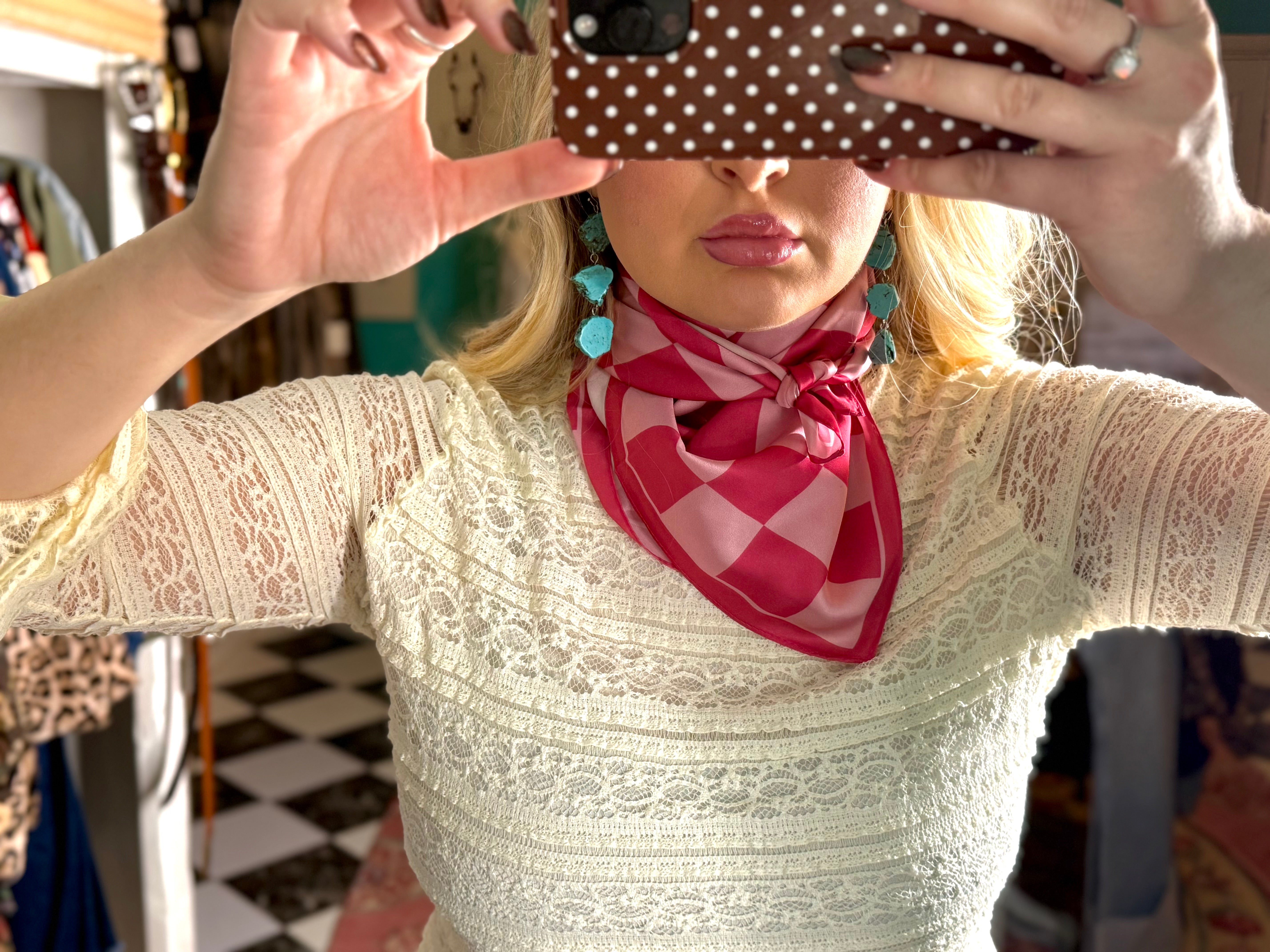 Checkered Pink Satin Scarf