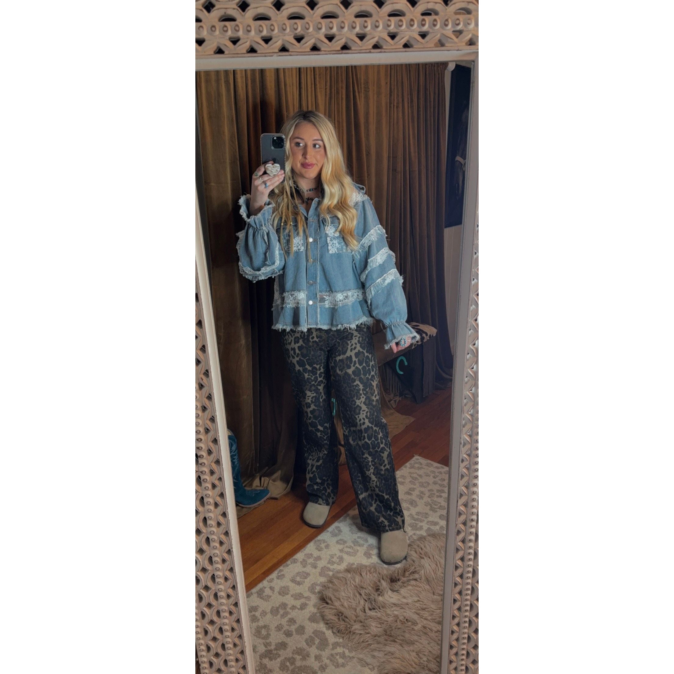 POL: Lainey Lace Trim Ruffle Denim Jacket