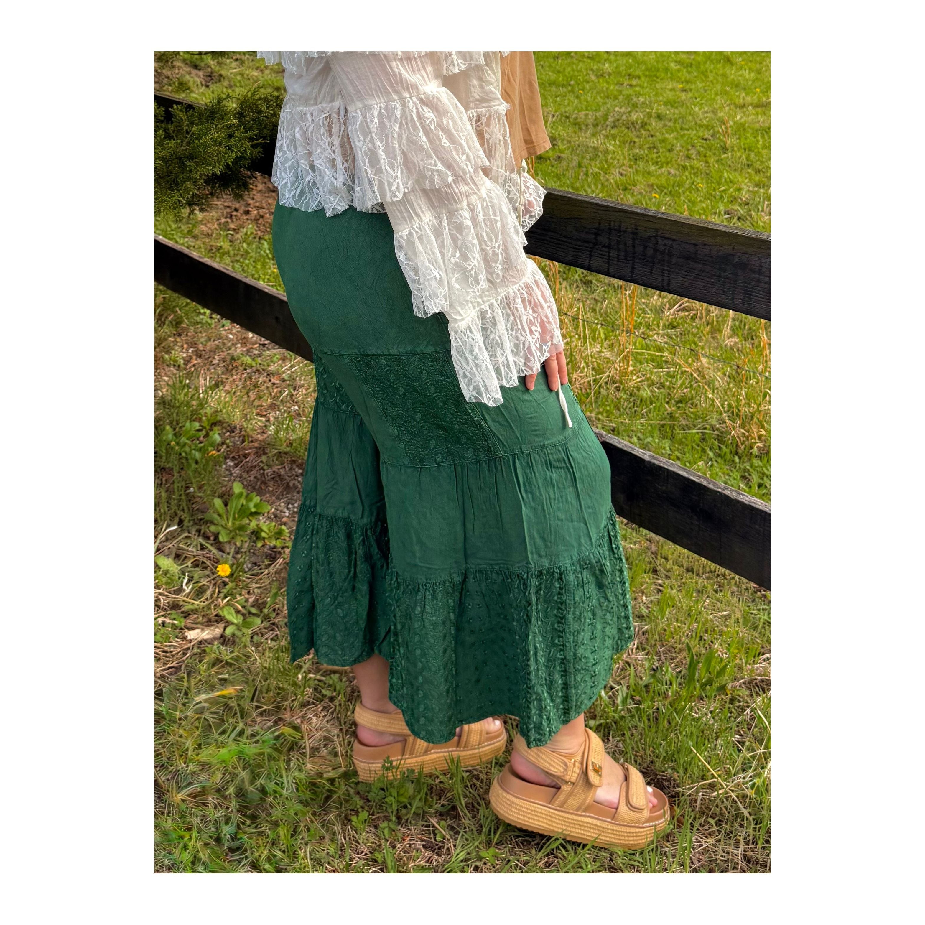Green Embroidered Tiered Flared Pants