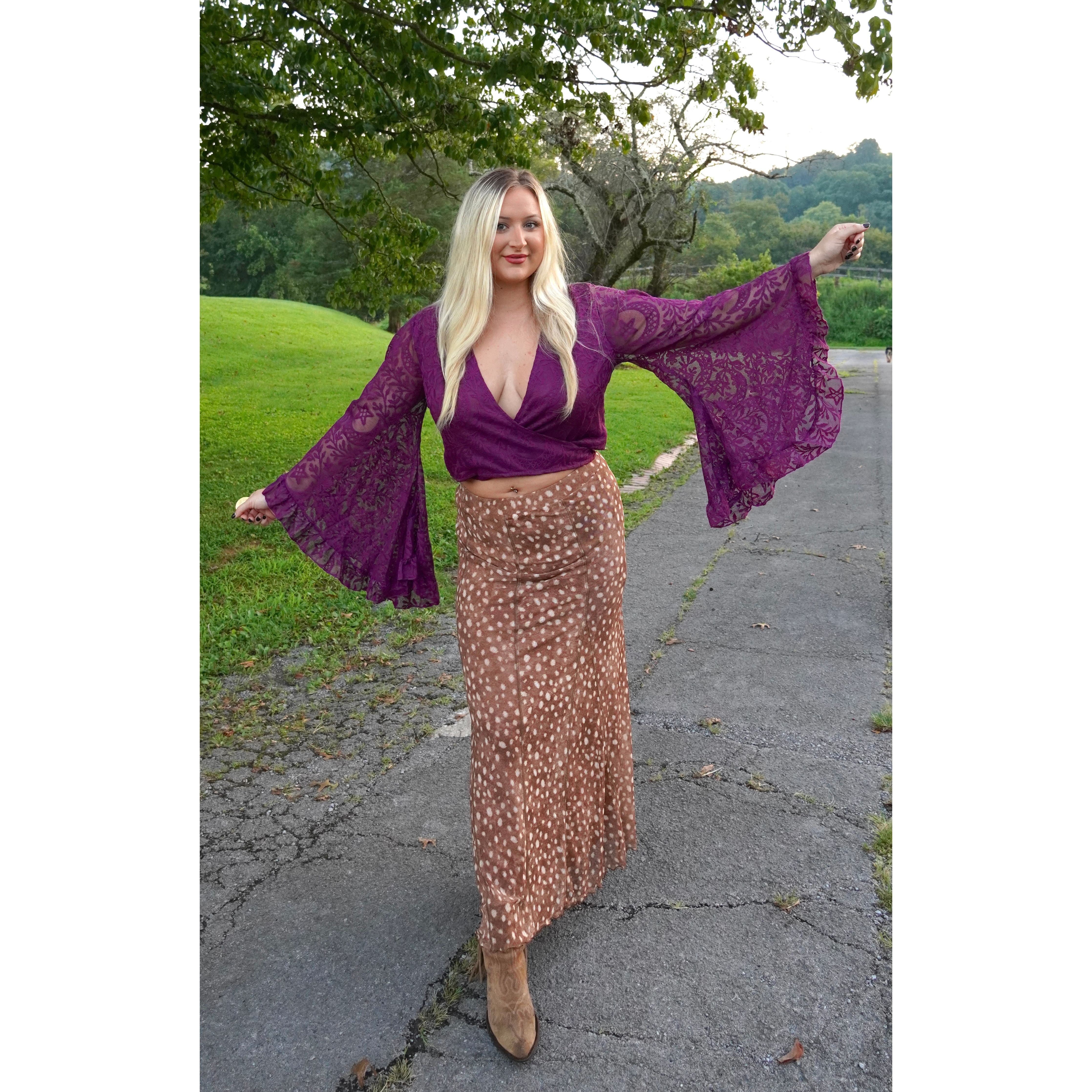 Plum Lace Ruffle Sleeve Wrap Top