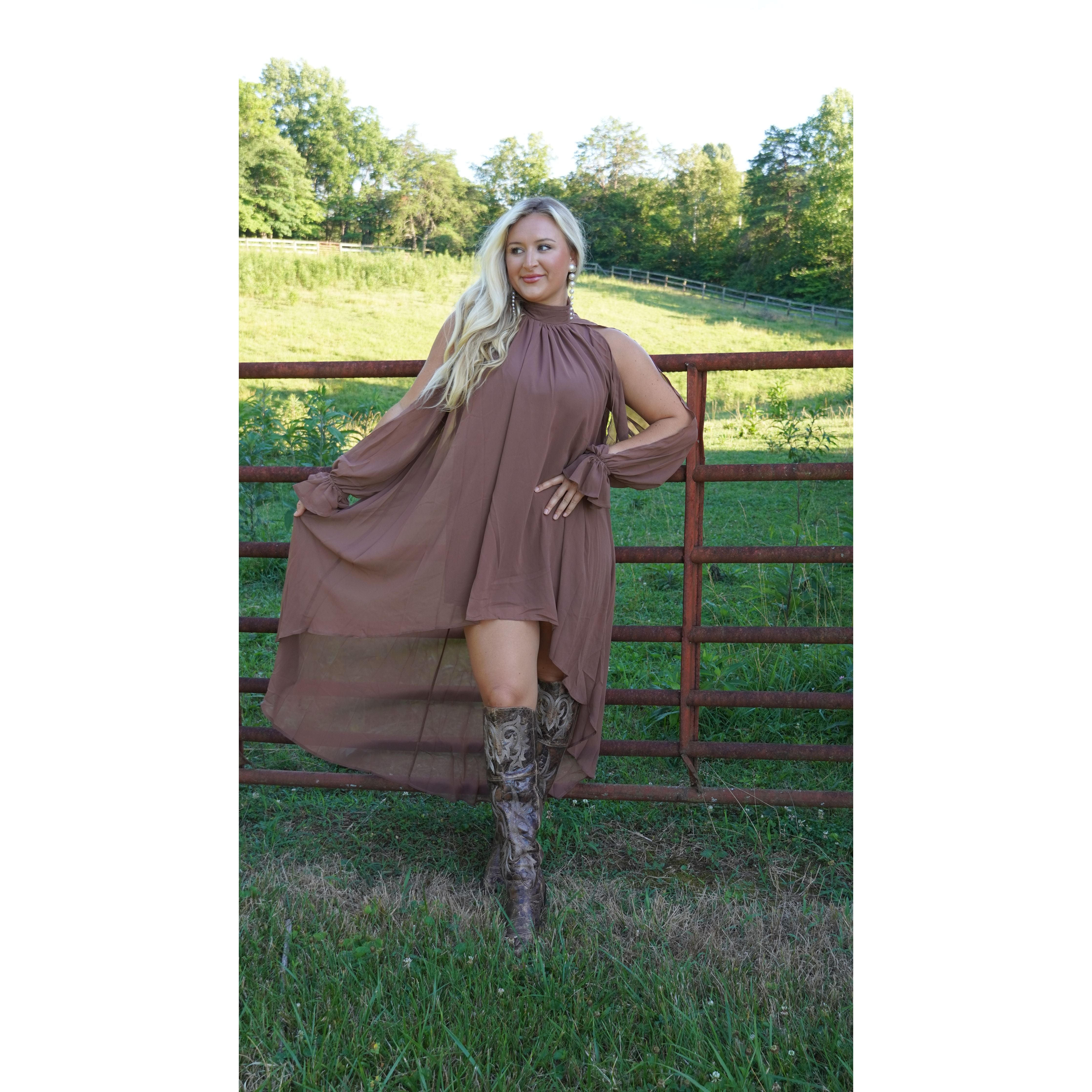 Elegant High Low Flowy Dress In Brown