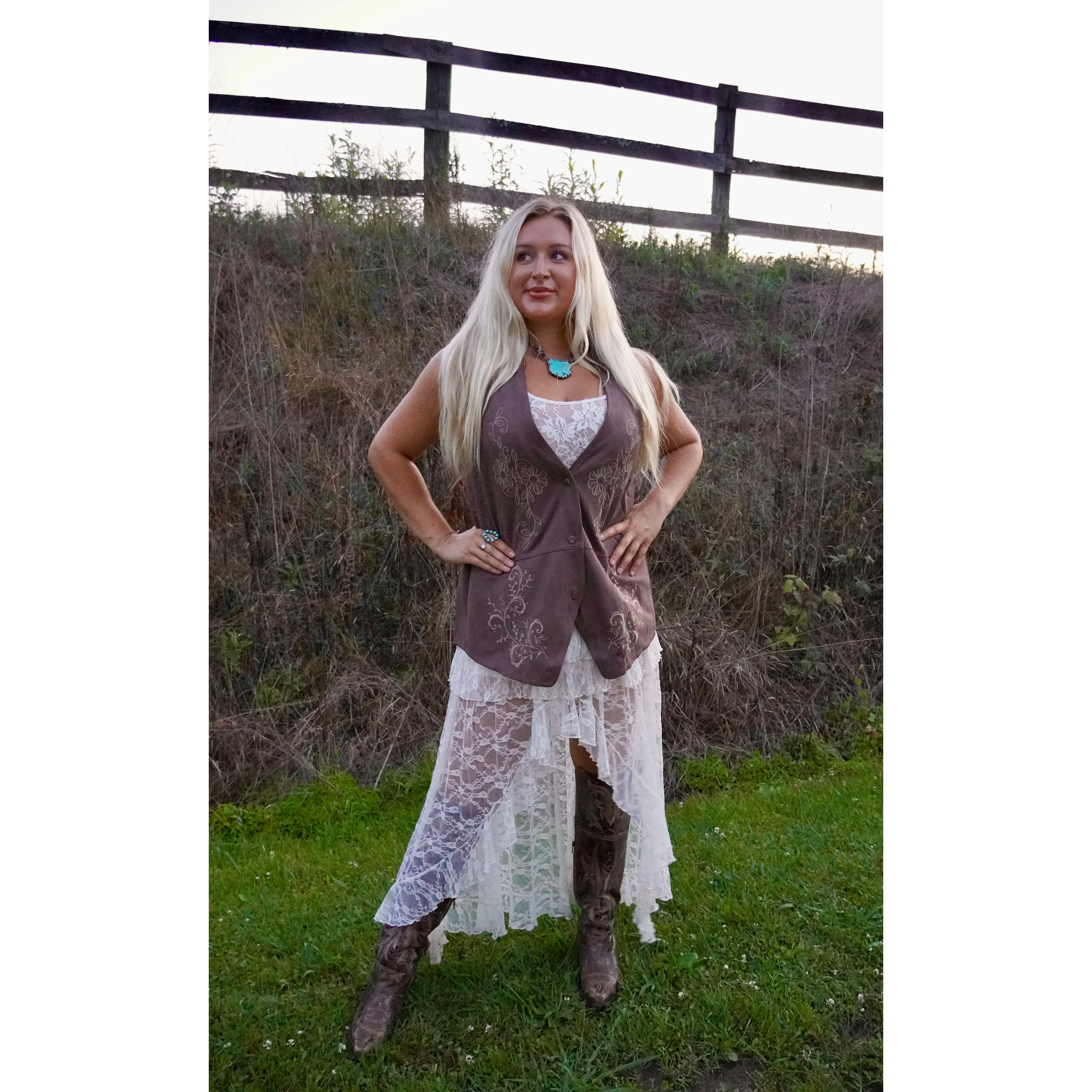 Floral Embroidered Faux Suede Vest in Espresso