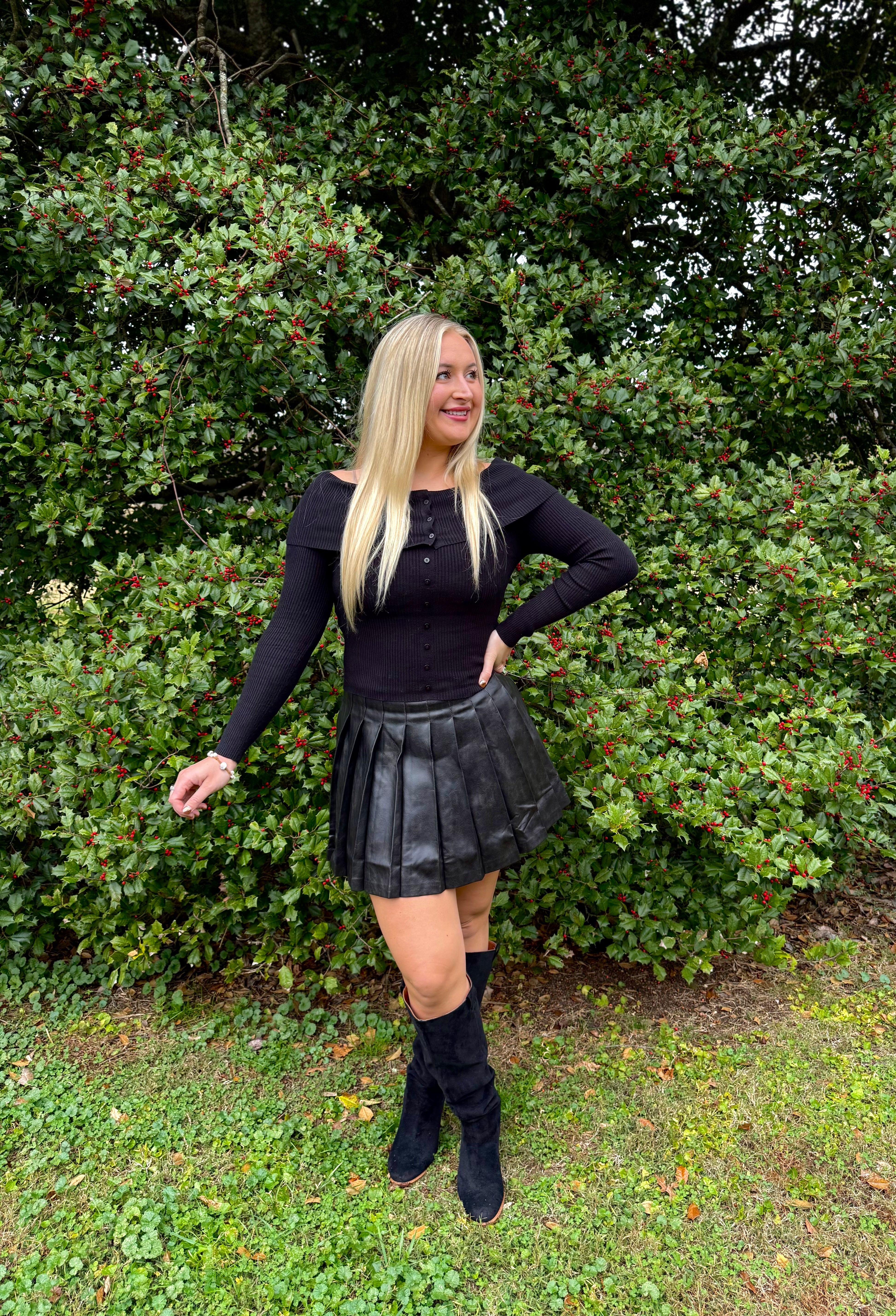 Off the Shoulder Button Front Black Top