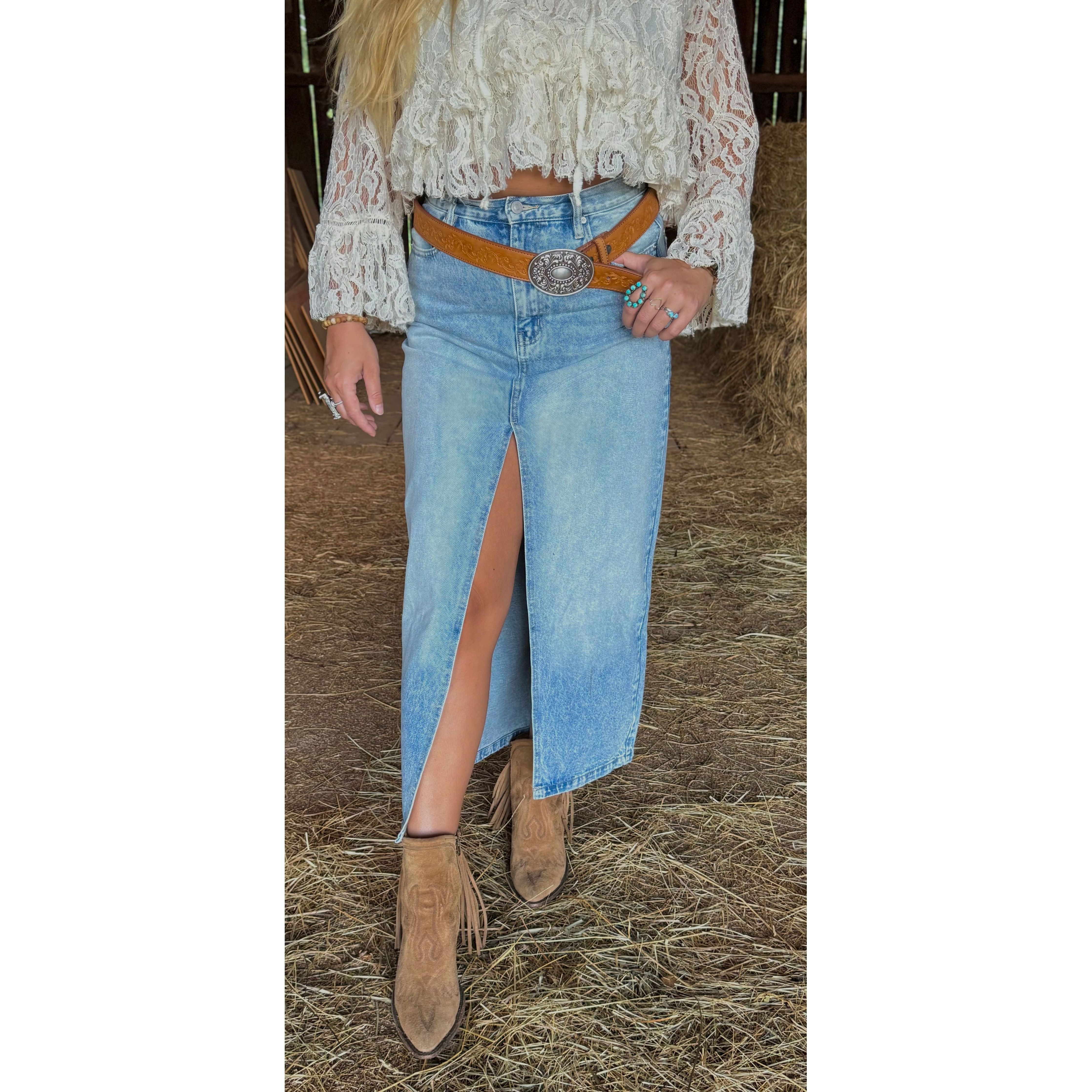 Western Denim Slit Skirt