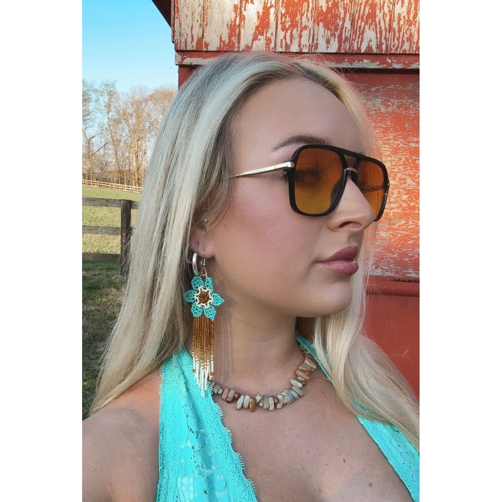 Blue Floral Beaded Earring