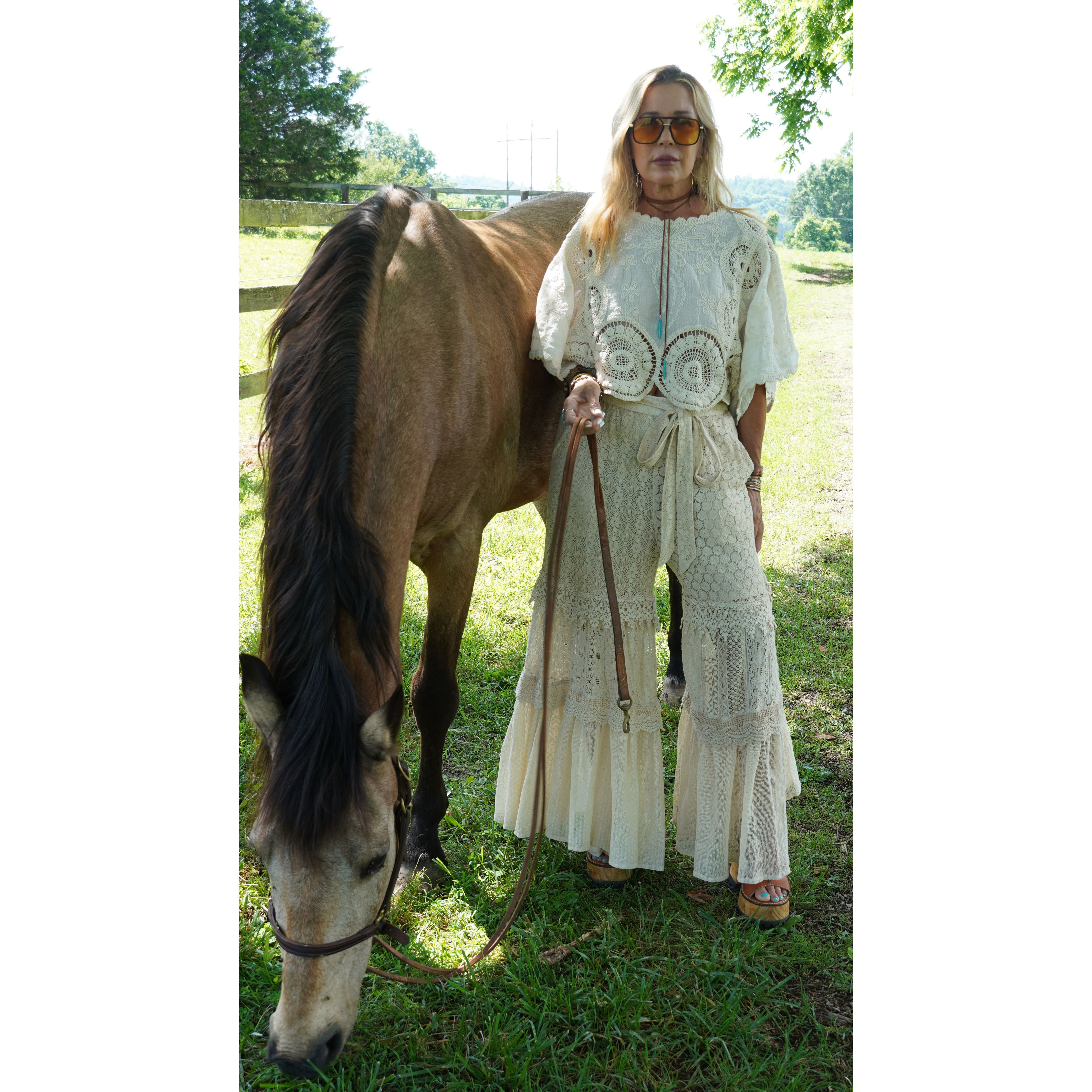 Crochet Lace Tiered Ruffle Flare Pants