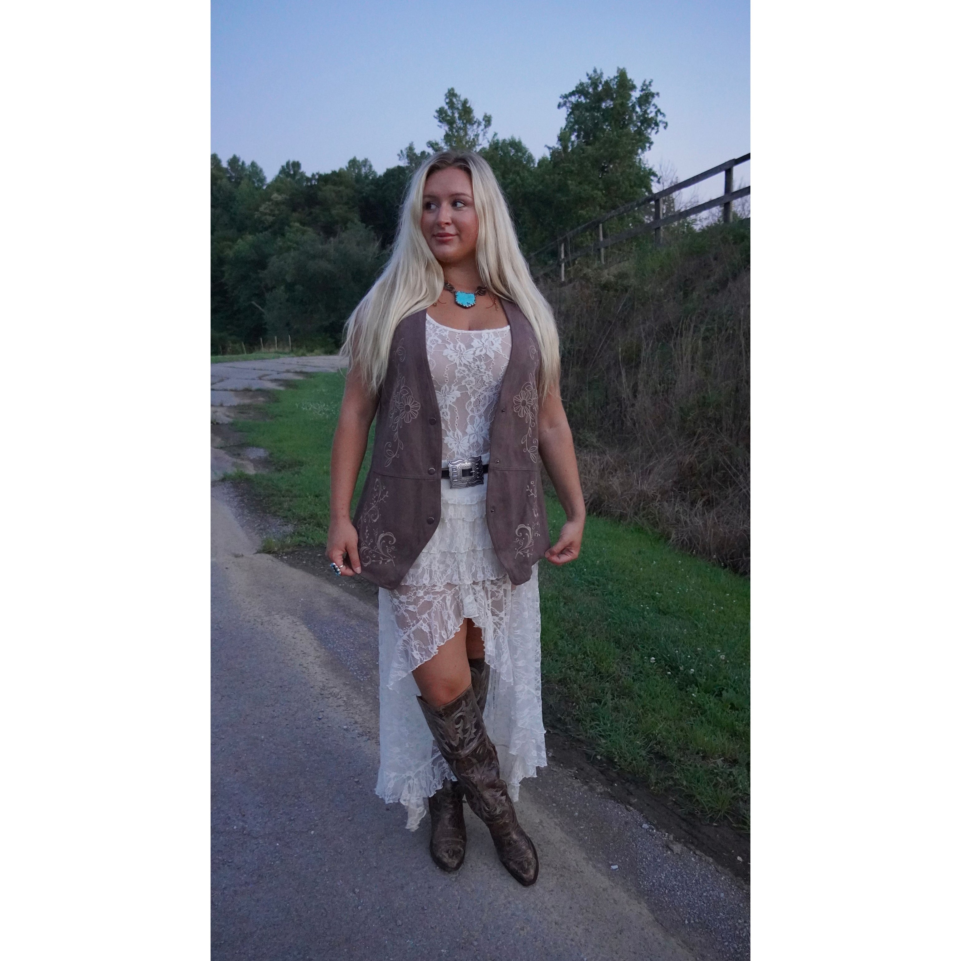 Floral Embroidered Faux Suede Vest in Espresso