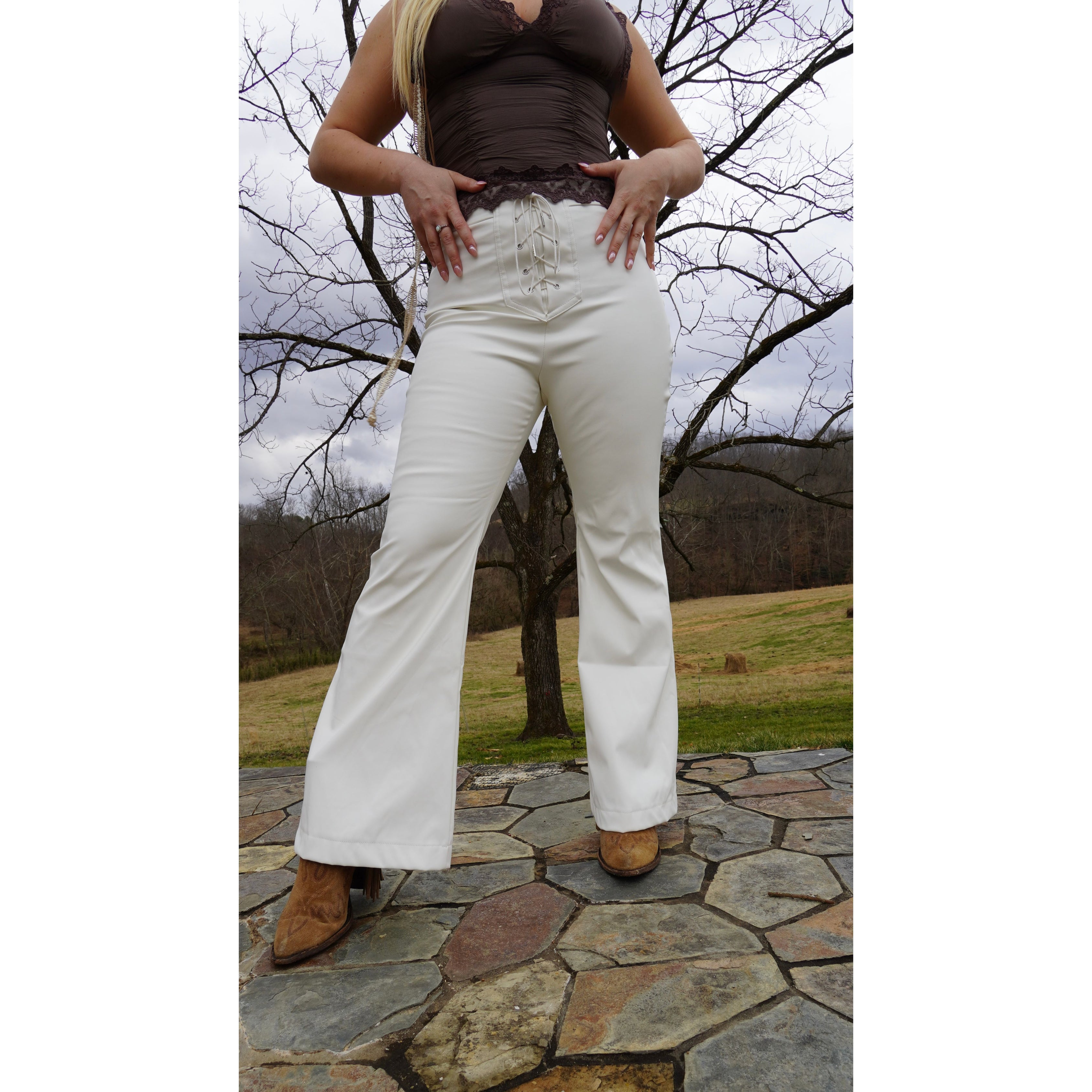 White Leather Lace Up Flare Pants