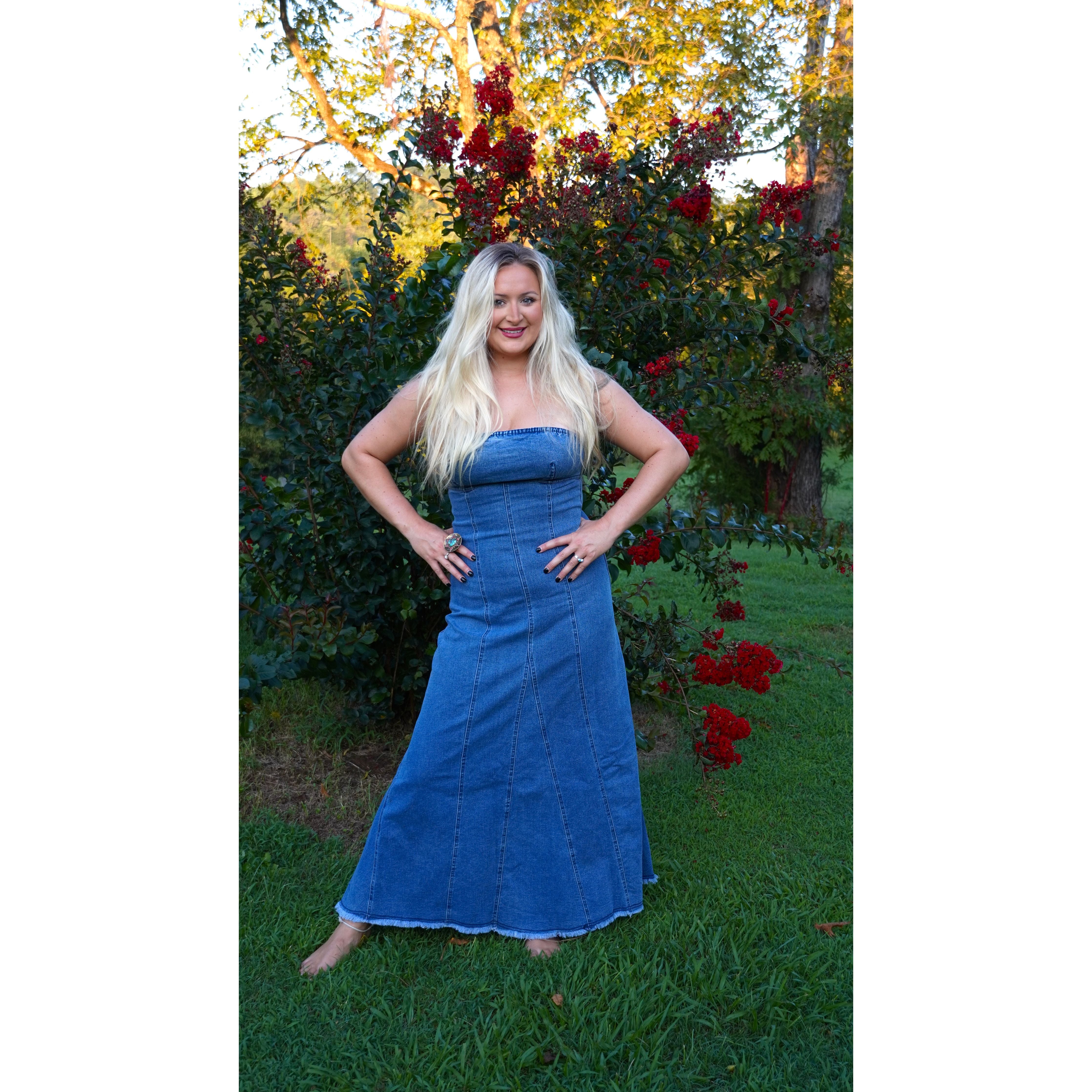 Strapless Denim Raw-Edge Flare Dress