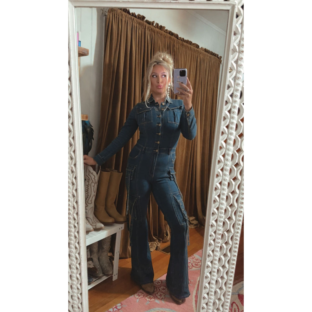 Denim flare long sleeve jumpsuit