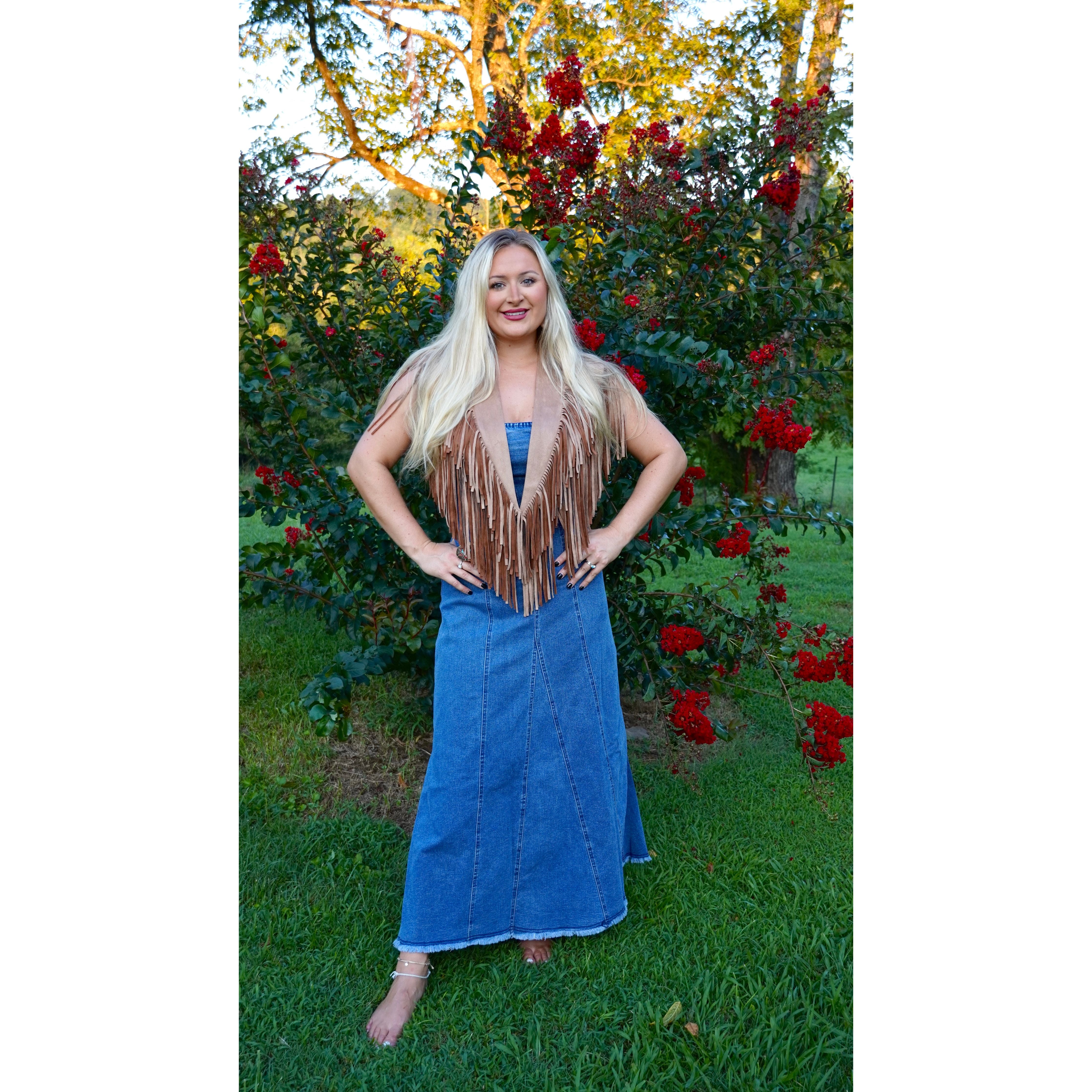 Strapless Denim Raw-Edge Flare Dress