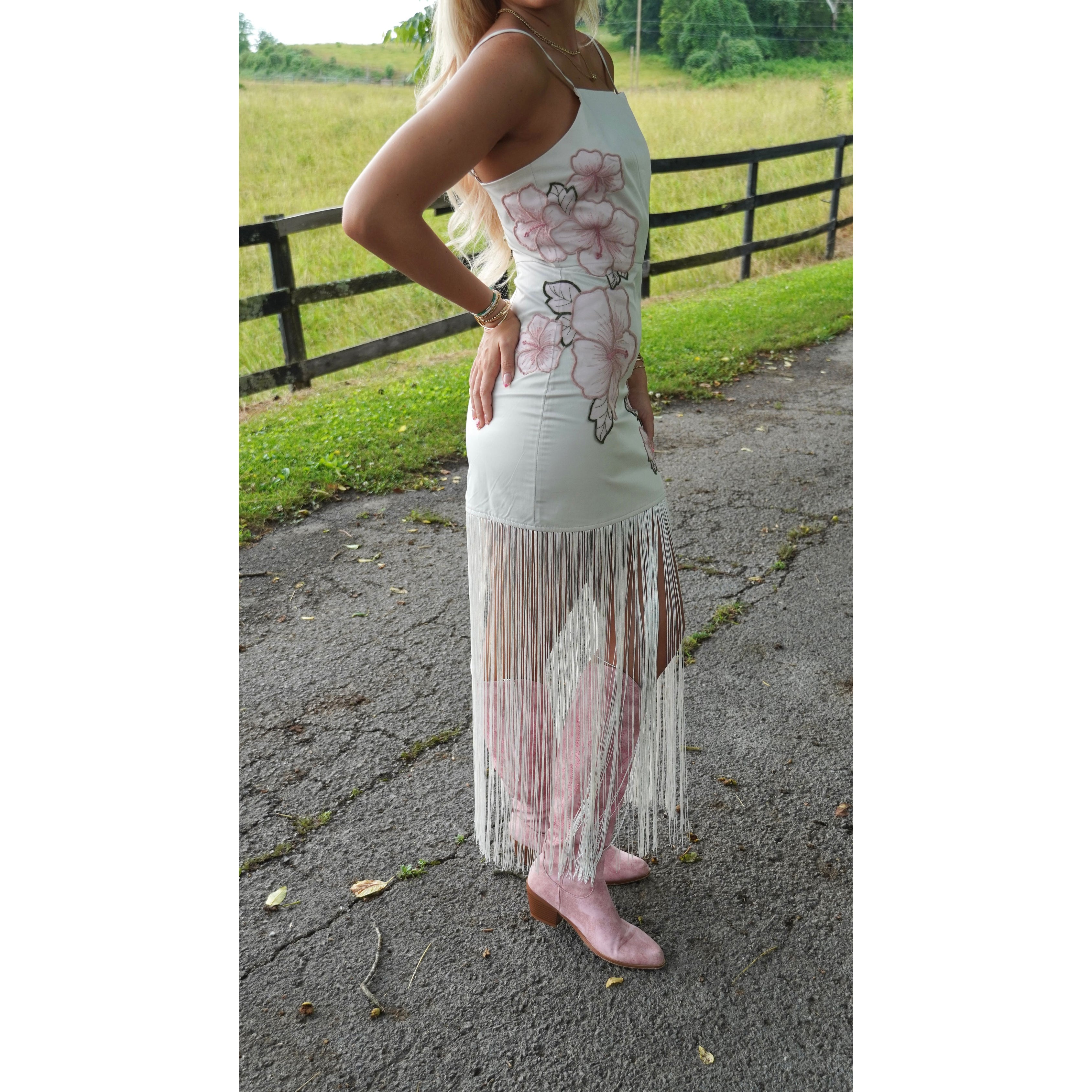 White Floral Fringe Maxi Dress