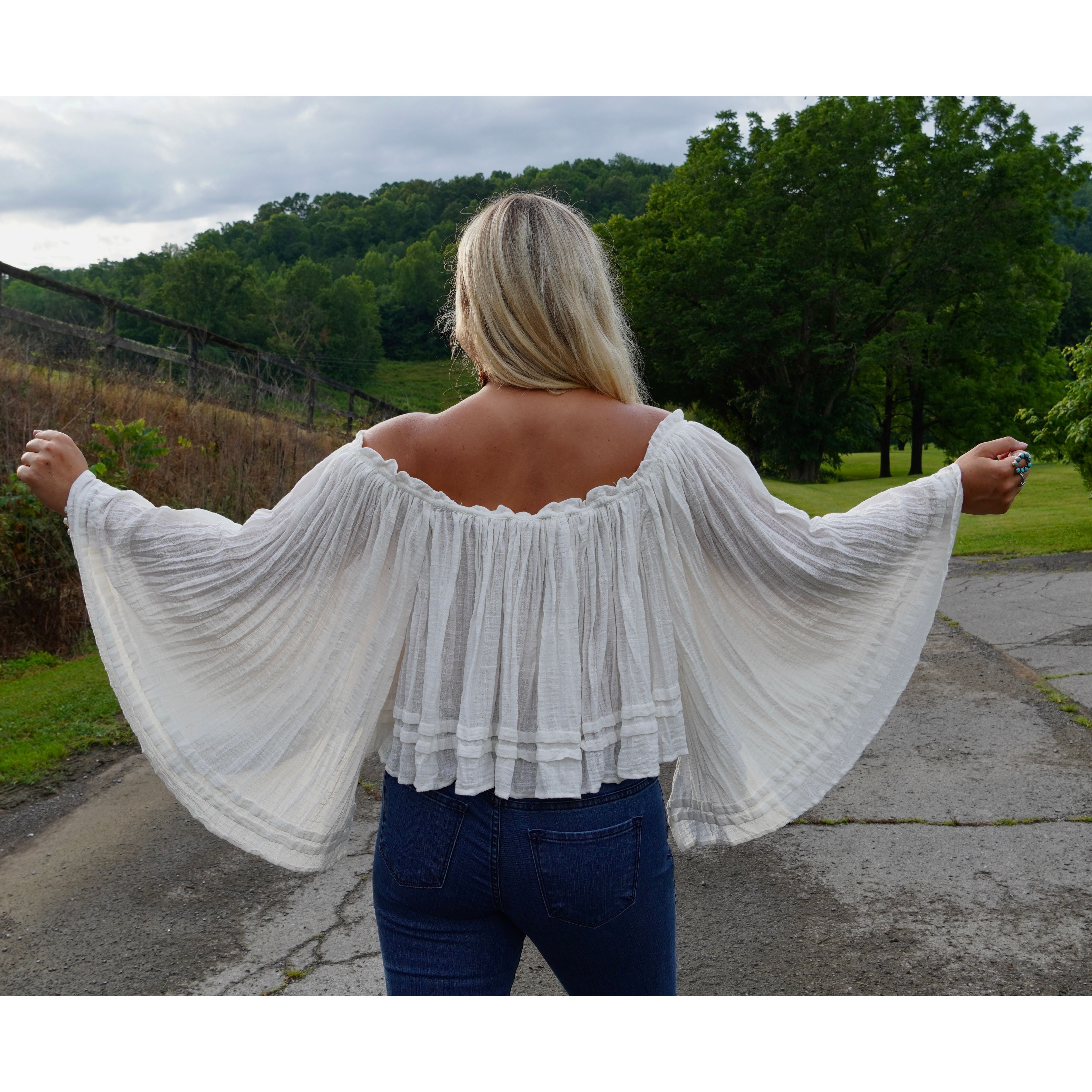 White Cotton Off Shoulder Angel-Sleeve Top