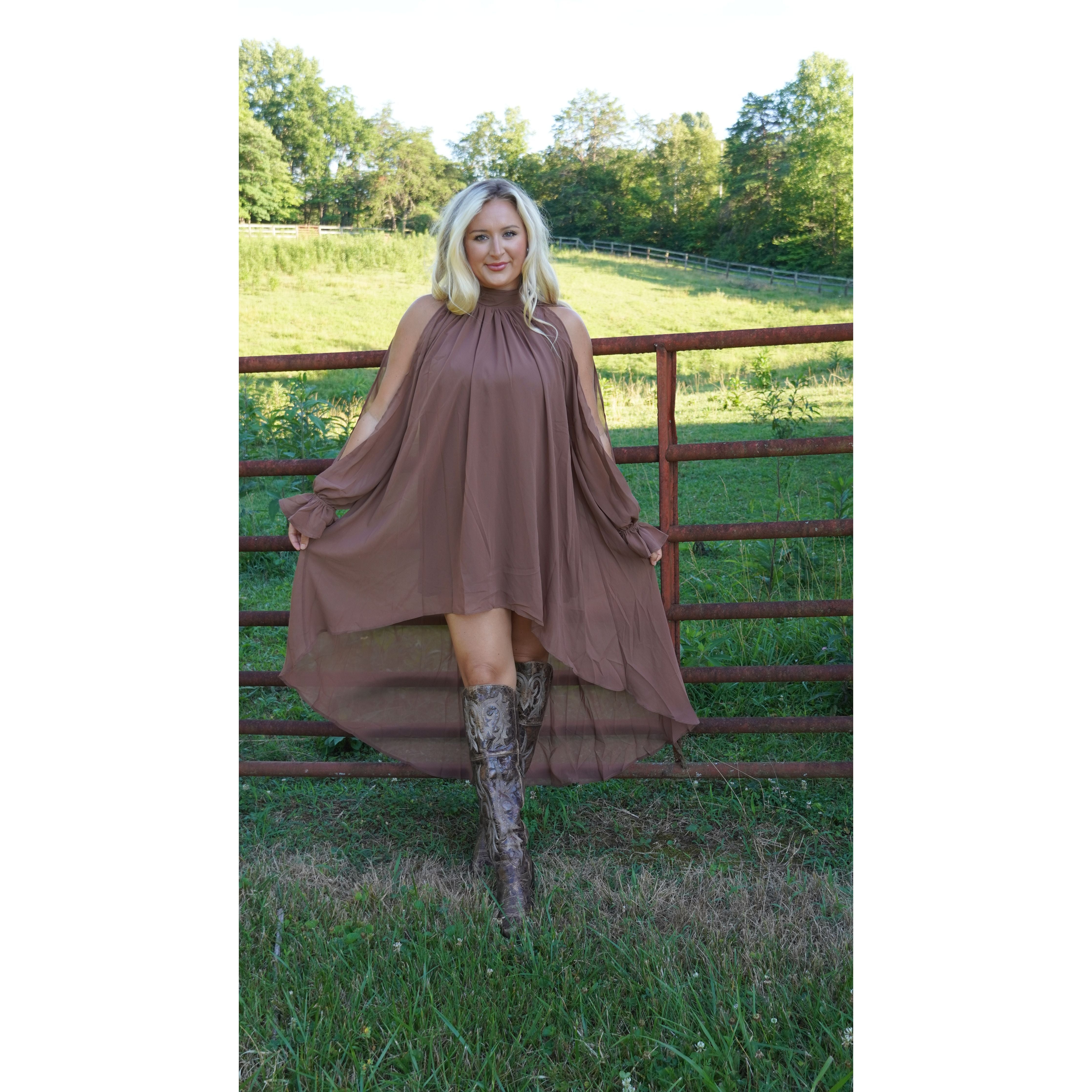 Elegant High Low Flowy Dress In Brown