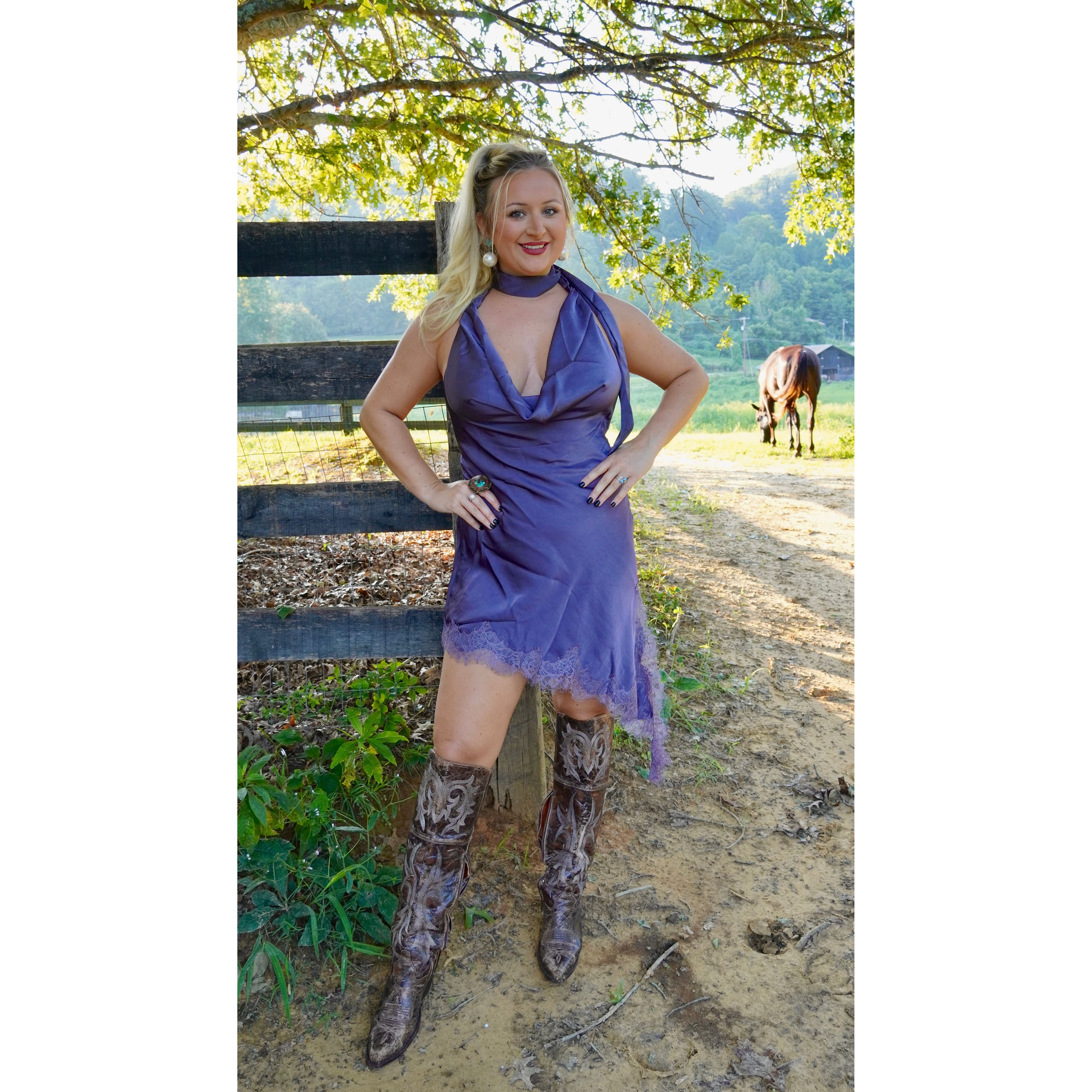 Purple Satin Lace Trim Scarf Dress