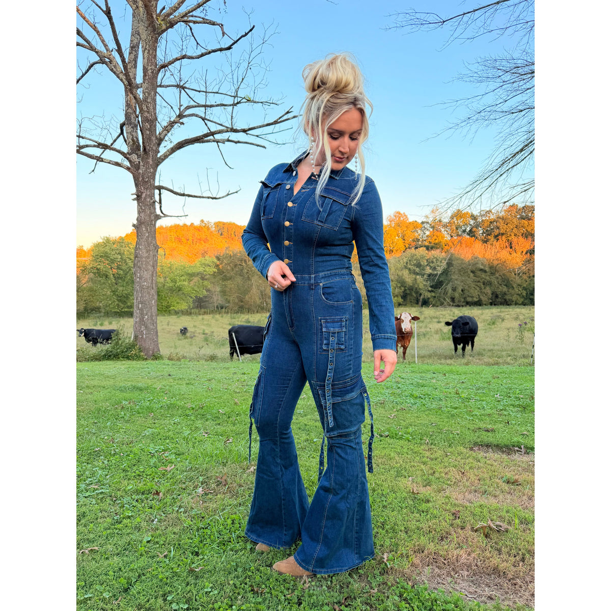 Denim flare long sleeve jumpsuit