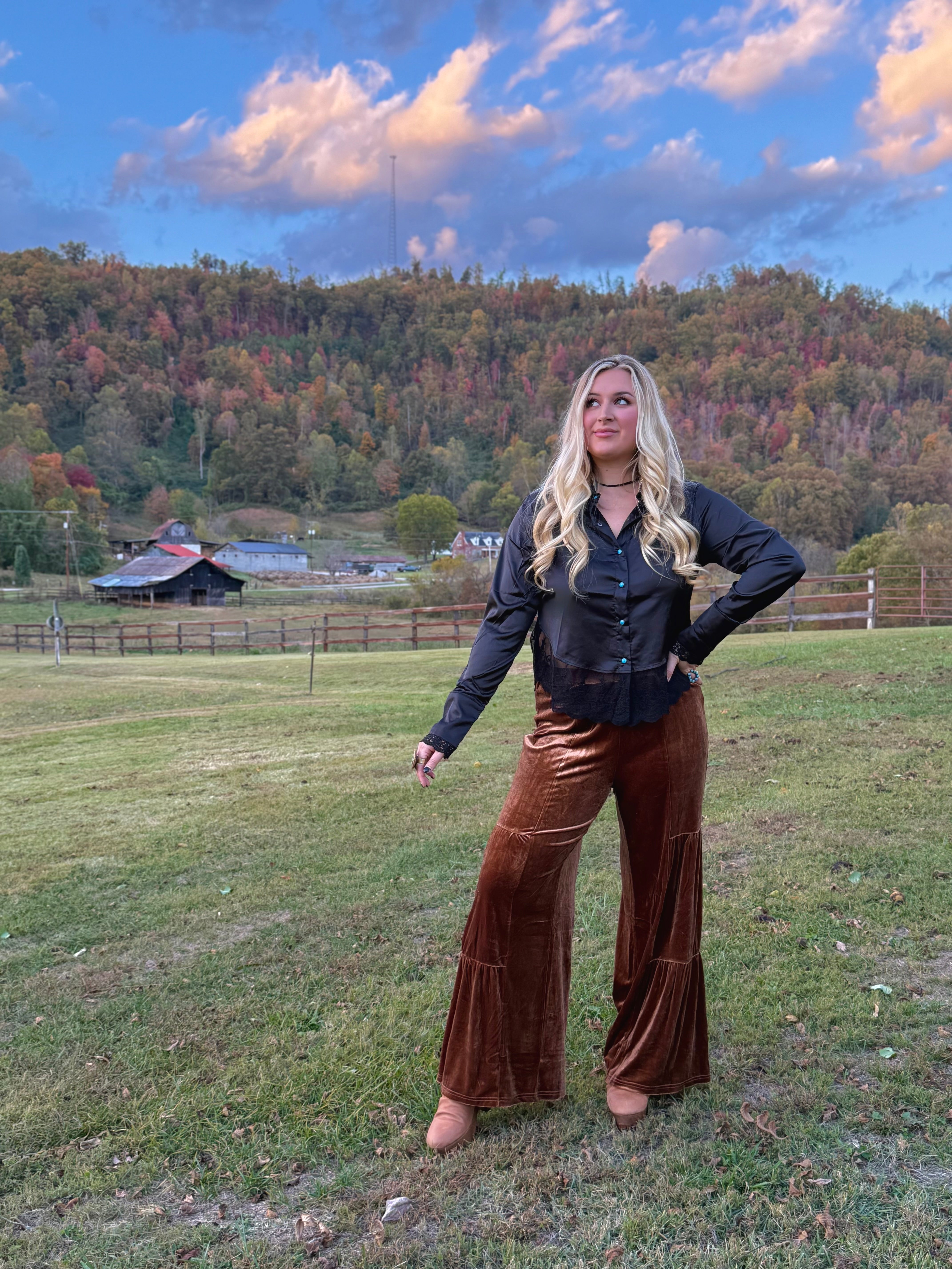 Black Silk Lace Western Top With Turquoise Buttons