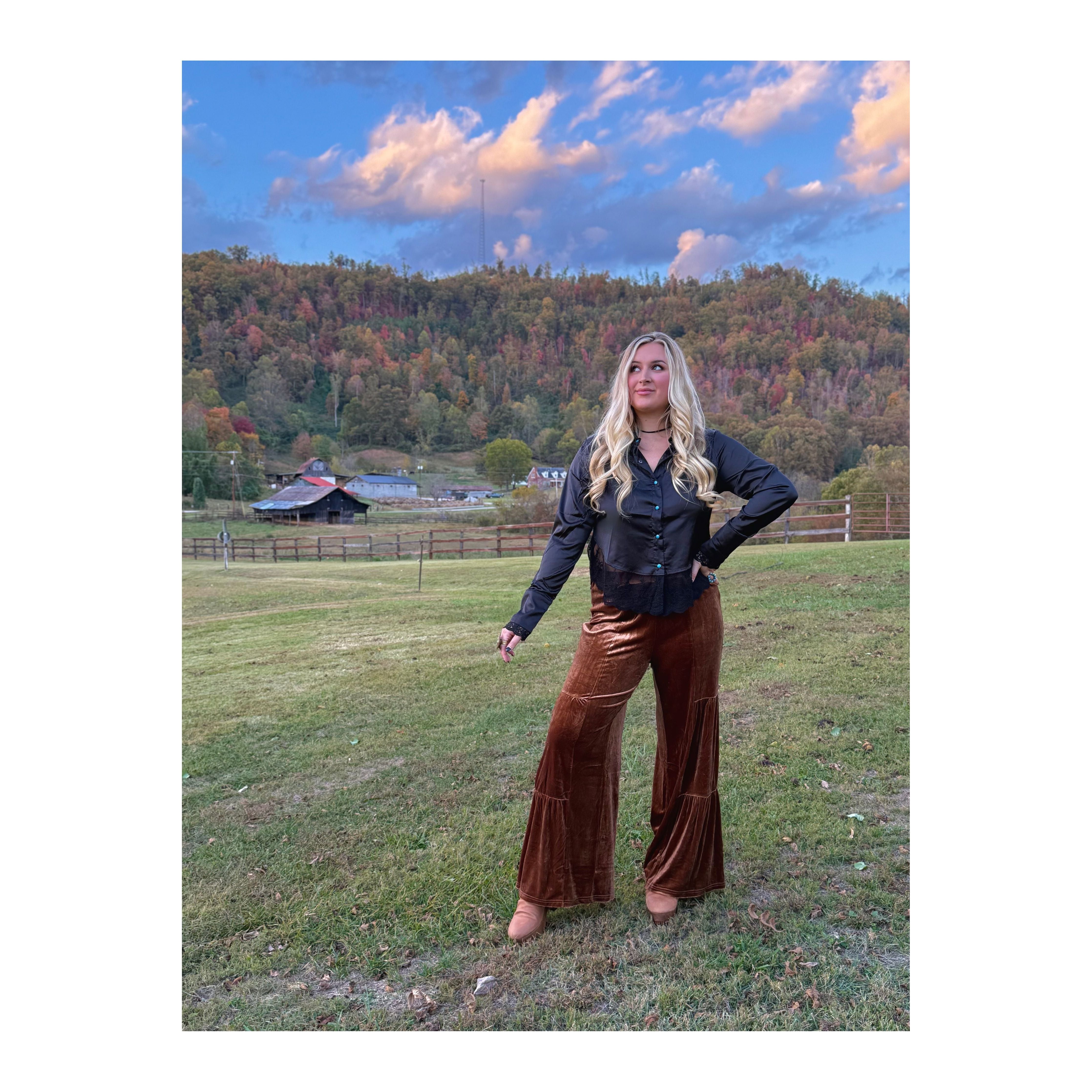 Black Silk Lace Western Top With Turquoise Buttons