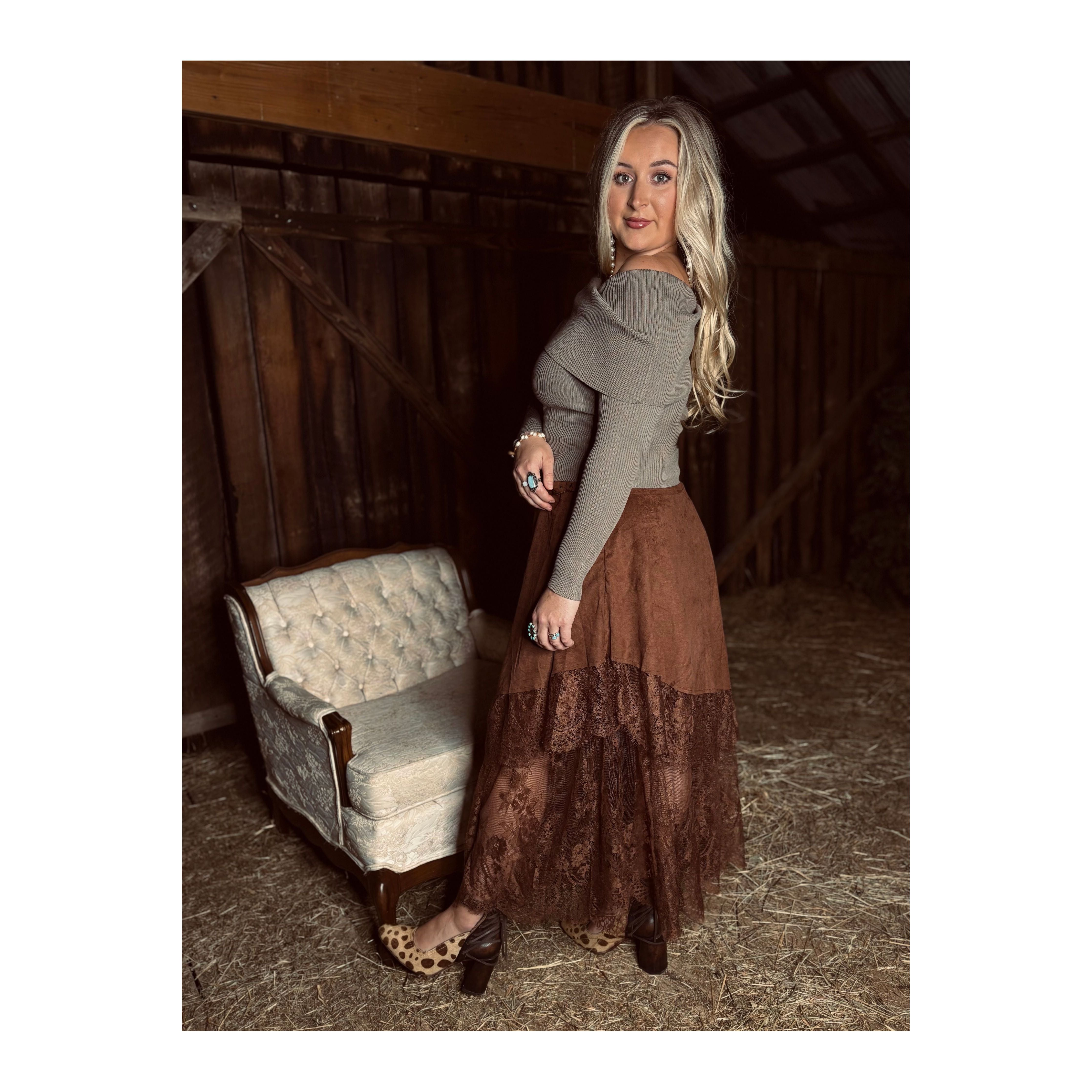 Faux Suede and Lace Brown Buckled Maxi Skirt